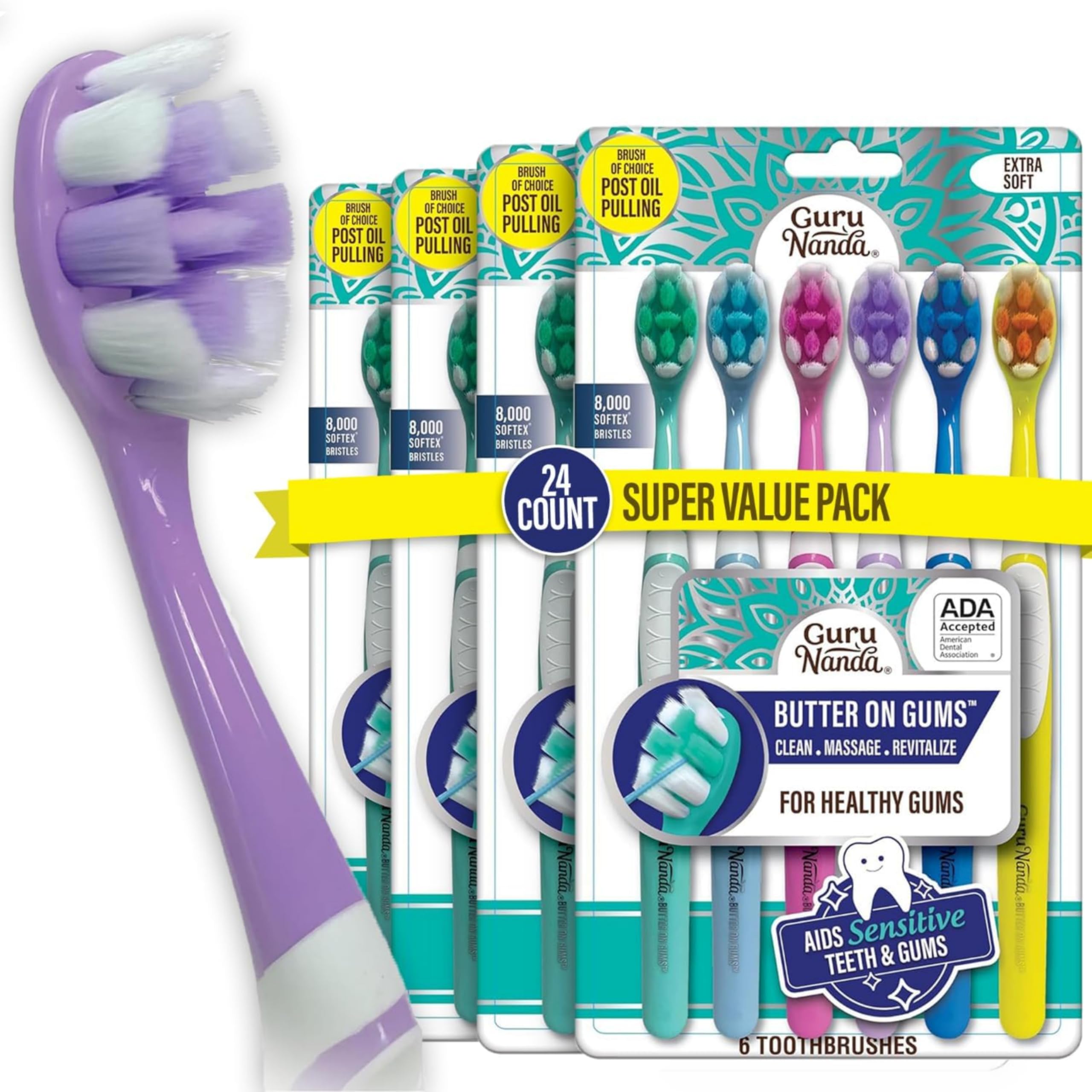 GuruNanda Butter On Gums Toothbrush, ADA Accepted, with 8000+ Ultra Soft Softex Bristles for Sensitive &amp; Receding Gums, Perfect for Whiter Teeth, 6 Ct (Pack of 4)