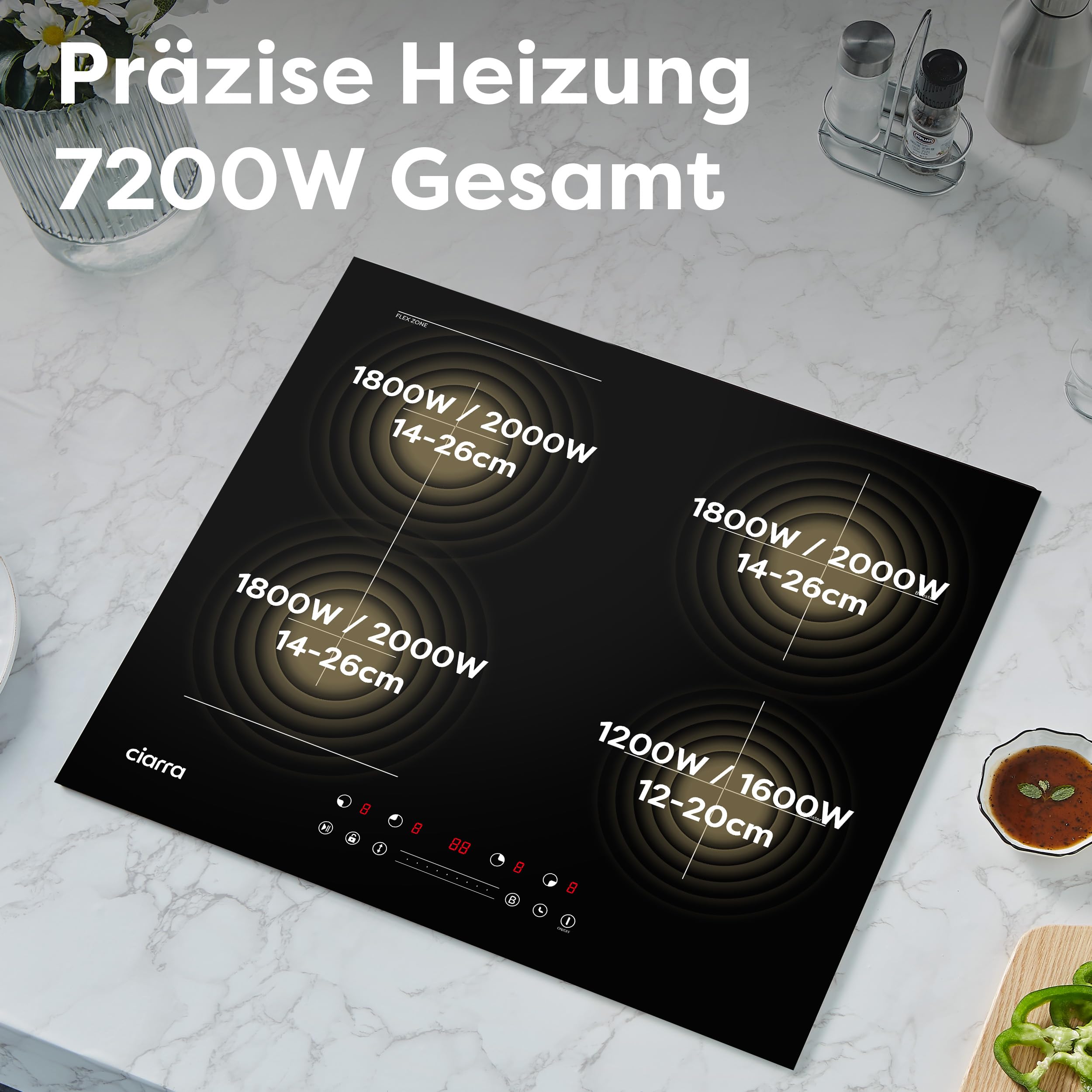 CIARRA CBBIH4BF Induktionskochfeld 60 cm Flexzonen Einbau 4 Platten mit Bridge Bräterzone PowerBoost Slider Touch-Bedienung Induktion Kochfeld 9 Stufen Timer Kindersicherung Überhitzungsschutz 7200 W