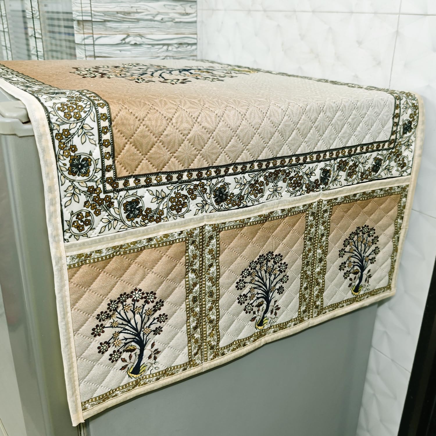 HOKIPO 'Eternal Floral' Printed Quilted Fridge Cover Top with side Pockets, Size 55 x 130 cm, Ornate Tree (IN-841-D5)