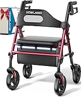 HOMLAND R2 Foldable Rollator Walker with Seat - 8" Wheels, 350lb Capacity, Adjustable Height for Seniors, Red