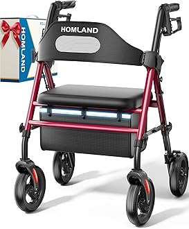 HOMLAND Foldable Rollator Walkers with Seat for Seniors, 8'' Big Wheels, 350 lb. Weight Capacity, Adjustable Handles and Seat Height, Lightweight Rolling Walker, Red