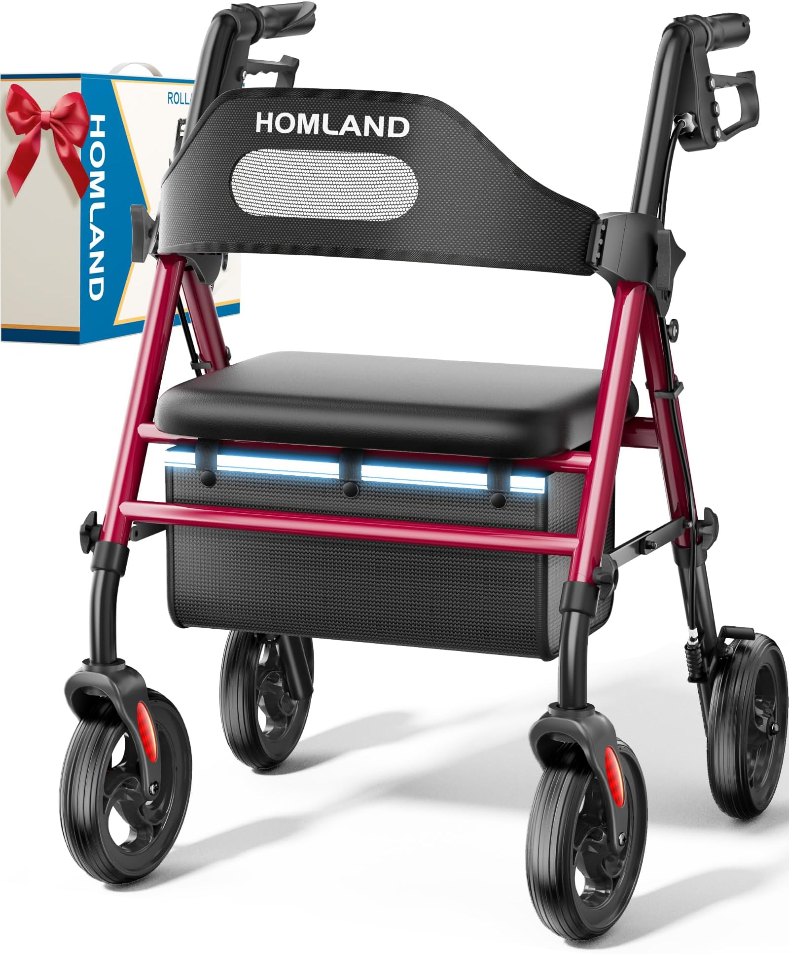 Foldable Rollator Walkers with Seat for Seniors, 8'' Big Wheels, 350 lb. Weight Capacity, Adjustable Handles and Seat Height, Lightweight Rolling Walker, Red