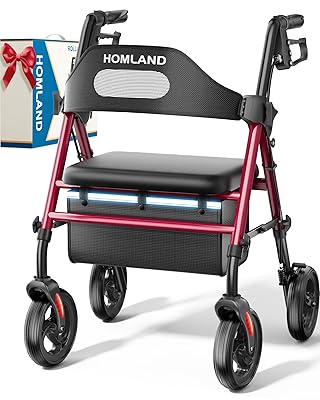 HOMLAND Foldable Rollator Walkers with Seat for Seniors, 8'' Big Wheels, 350 lb. Weight Capacity, Adjustable Handles and Seat Height, Lightweight Rolling Walker, Red