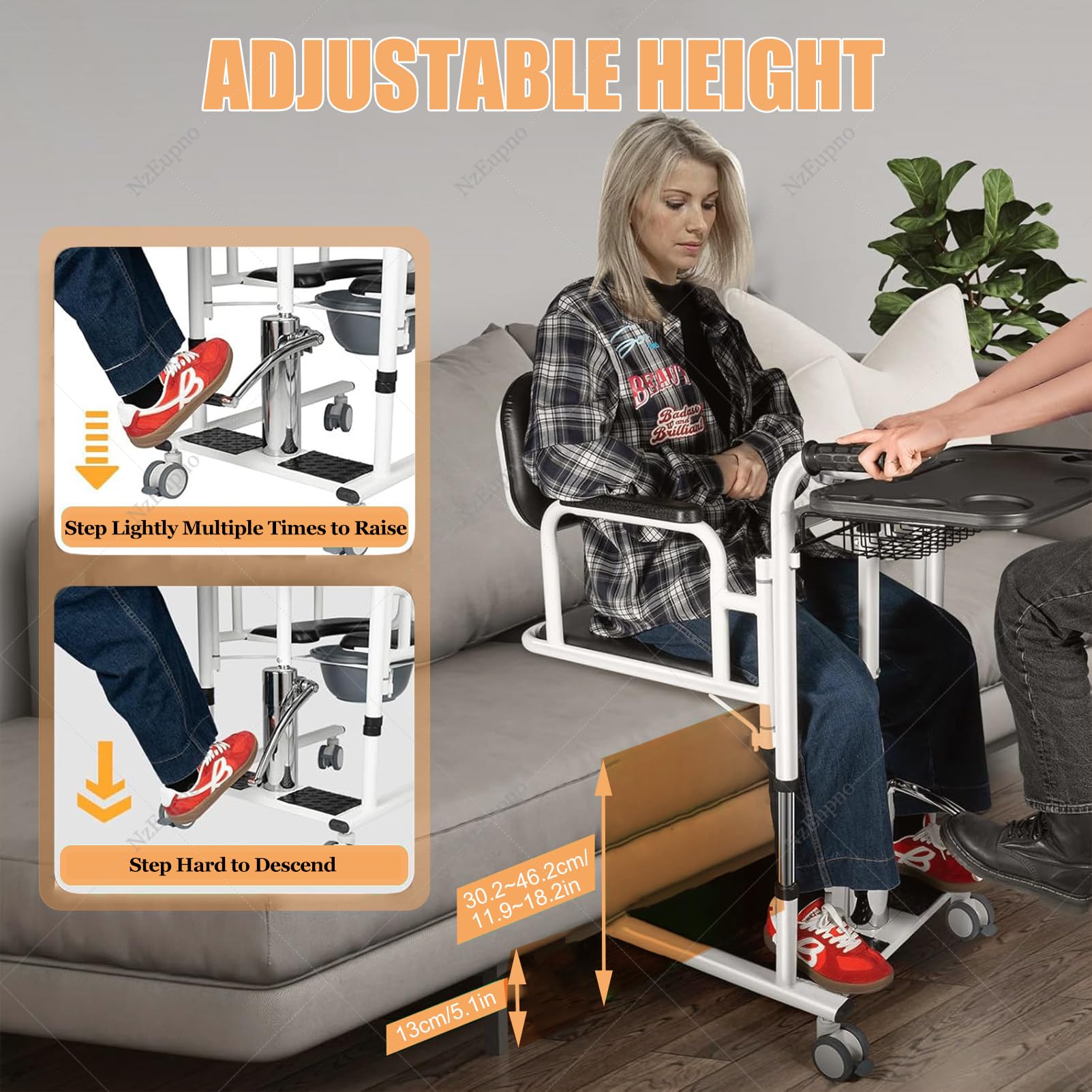 Silla Elevadora De Transferencia Para Pacientes Ancianos Y Discapacitados, 440 lb Silla De Ruedas Auxiliar Con Inodoro, Asiento Abatible 180° Para Traslado Desde La Cama A La Ducha/Inodoro/Sofá Orange