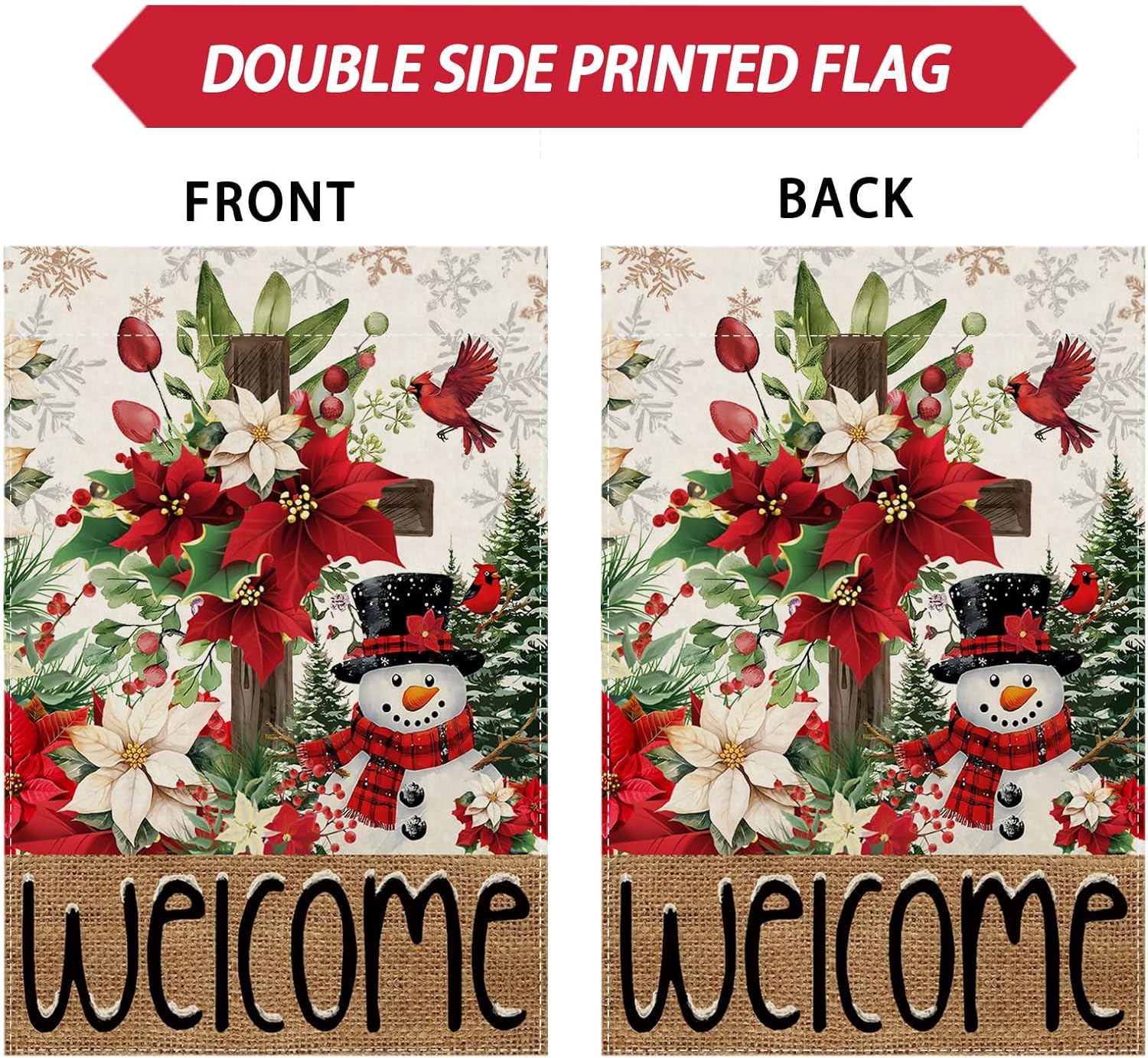 Welcome Winter Cross Poinsettias Snowman Pine Trees Christmas House Flag large 28X40 Inch Big Vertical Double Sided Yard Outdoor Outside Holiday Decoration - Image 6