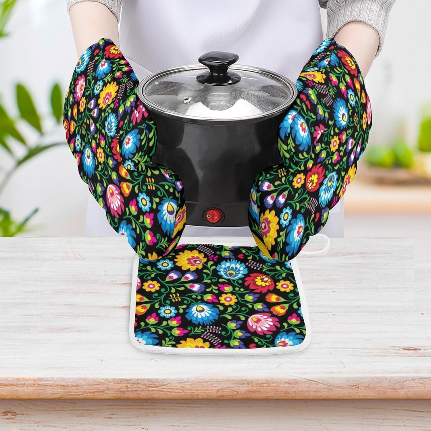 Polish Floral Folk Art Poland Flowers Print Oven Mitts and Pot Holders 3 Piece Sets Heat Resistant Gloves Hot Pads Potholders for Kitchen Baking Cooking