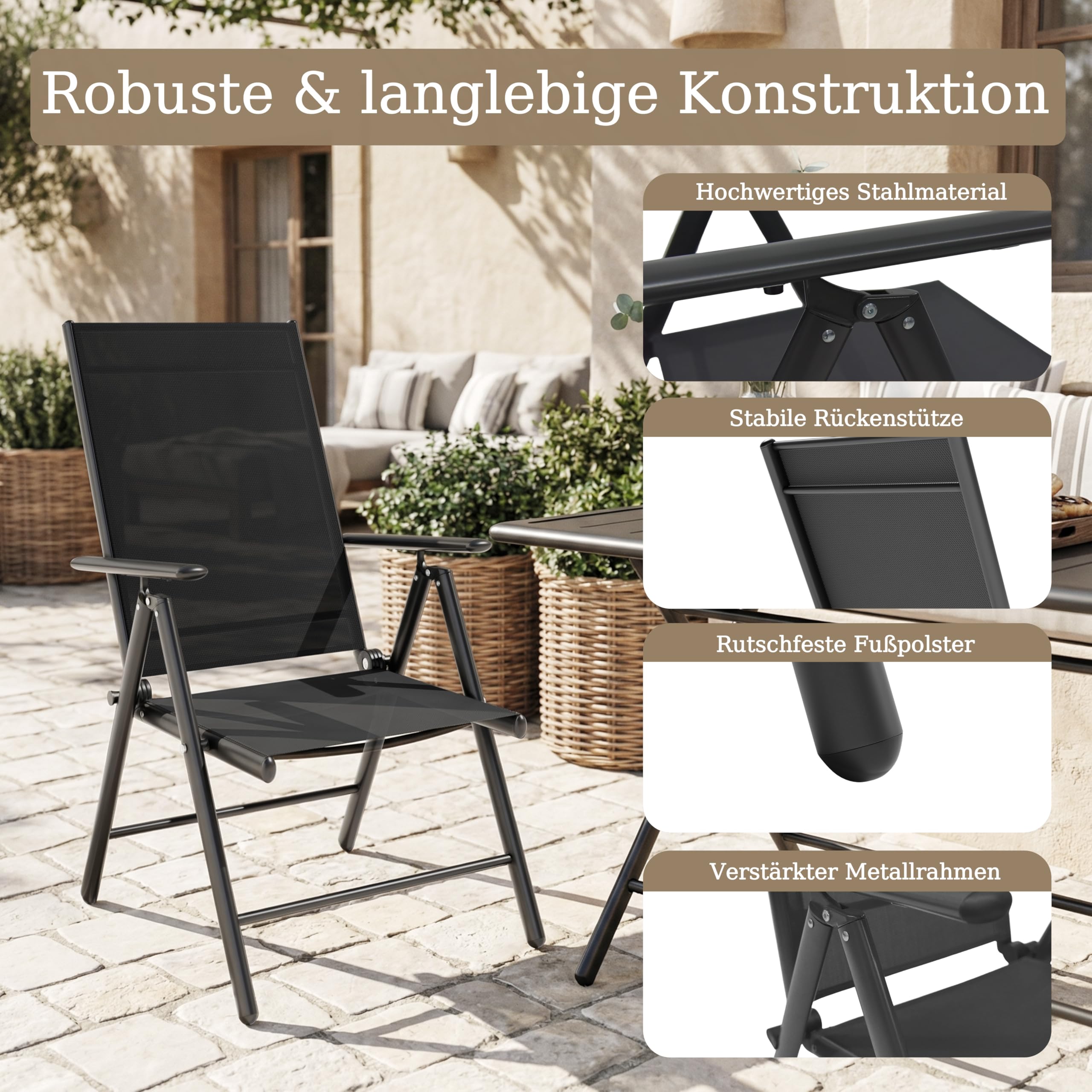 ALAULM Klappbare Gartenstühle 4er-Set, 7-stufig verstellbare Hochlehne & Armlehnen, wetterfestes Textilene, Terrasse Garten Balkon (Schwarz)