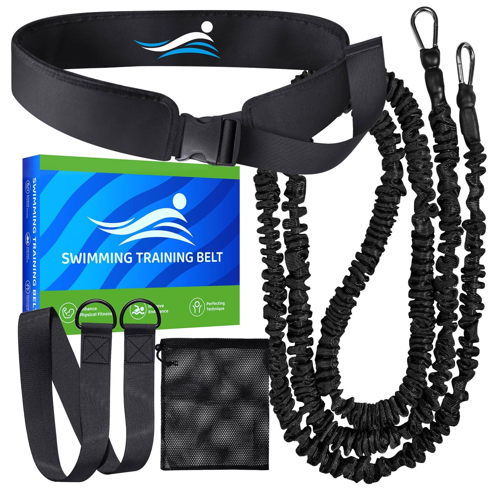 Cinturón de natación profesional con resistencia ajustable, cuerda de 2,5-7,5 m, para adultos y niños (Azul)