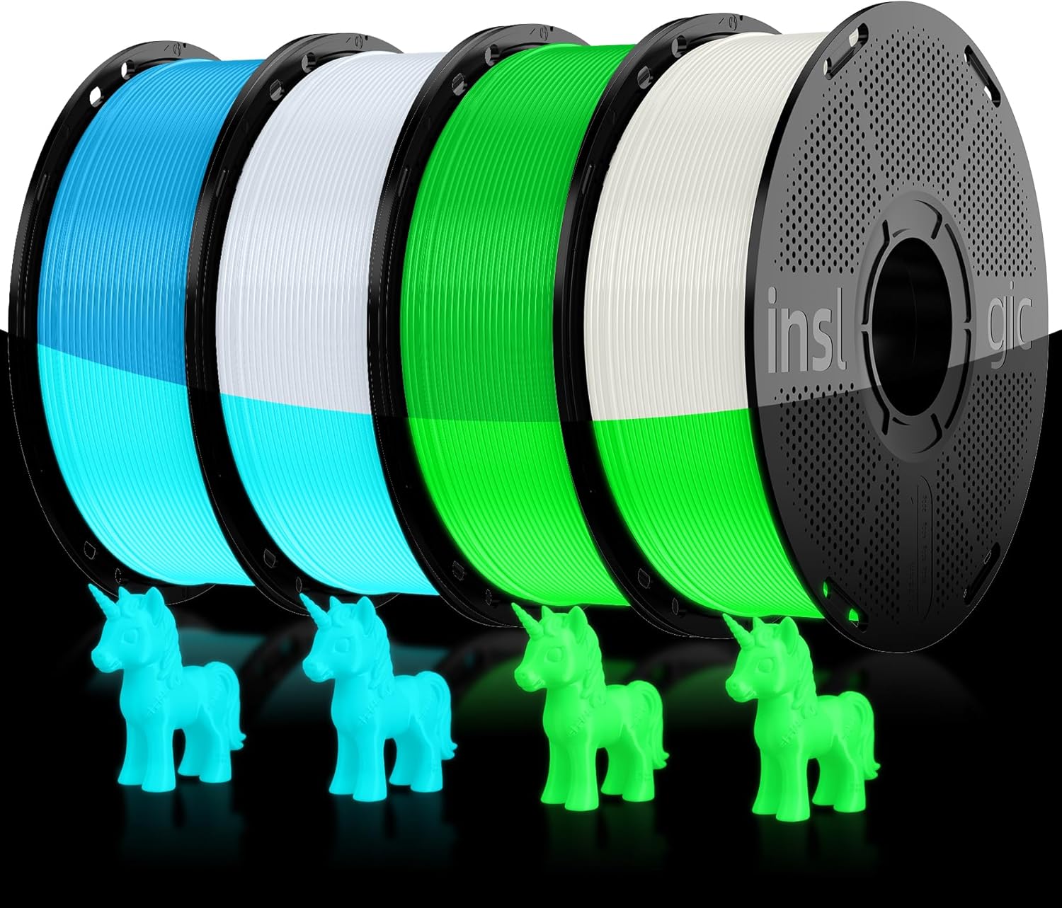 Inslogic PLA Glow in The Dark Bundle, Luminous 3D Printing Filament 1.75mm, Strong Glow Effect 1kg Spool fit for FDM Printers, 1kg×4 Colors ((Green Glow)+(Blue Glow)+Green+Blue)