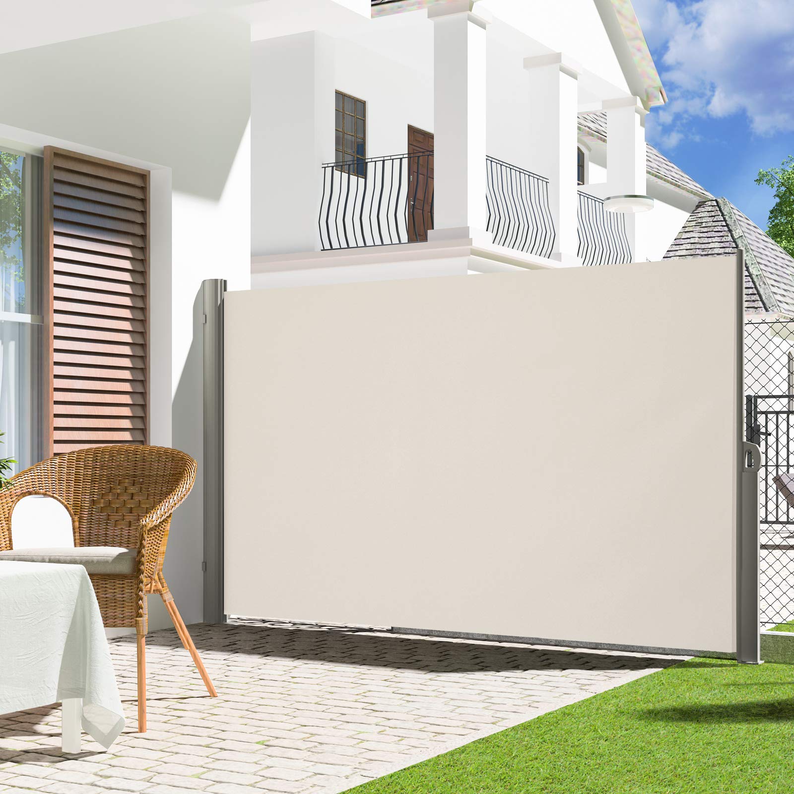 LARMNEE Toldo Lateral, Toldo Retráctil con Fijación al Suelo, 160 x 400 cm, Pantalla para Privacidad, Parasol, Resistente al Viento, Toldo Lateral para Balconesy Terrazas, Beige EBE164BP02