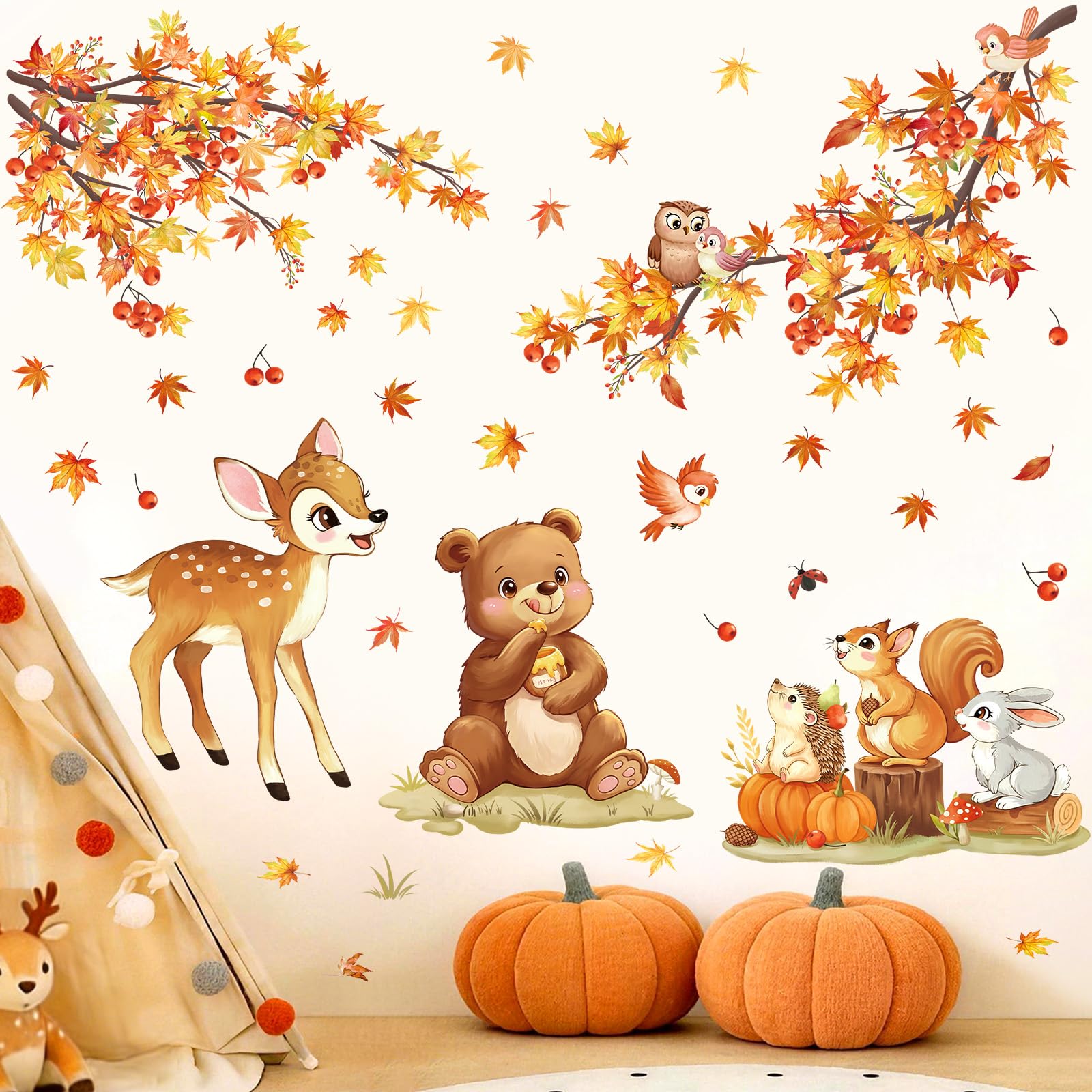 SHUCHING Autumn Woodland Animals Wall Stickers, Nursery Kids Bedroom Decals