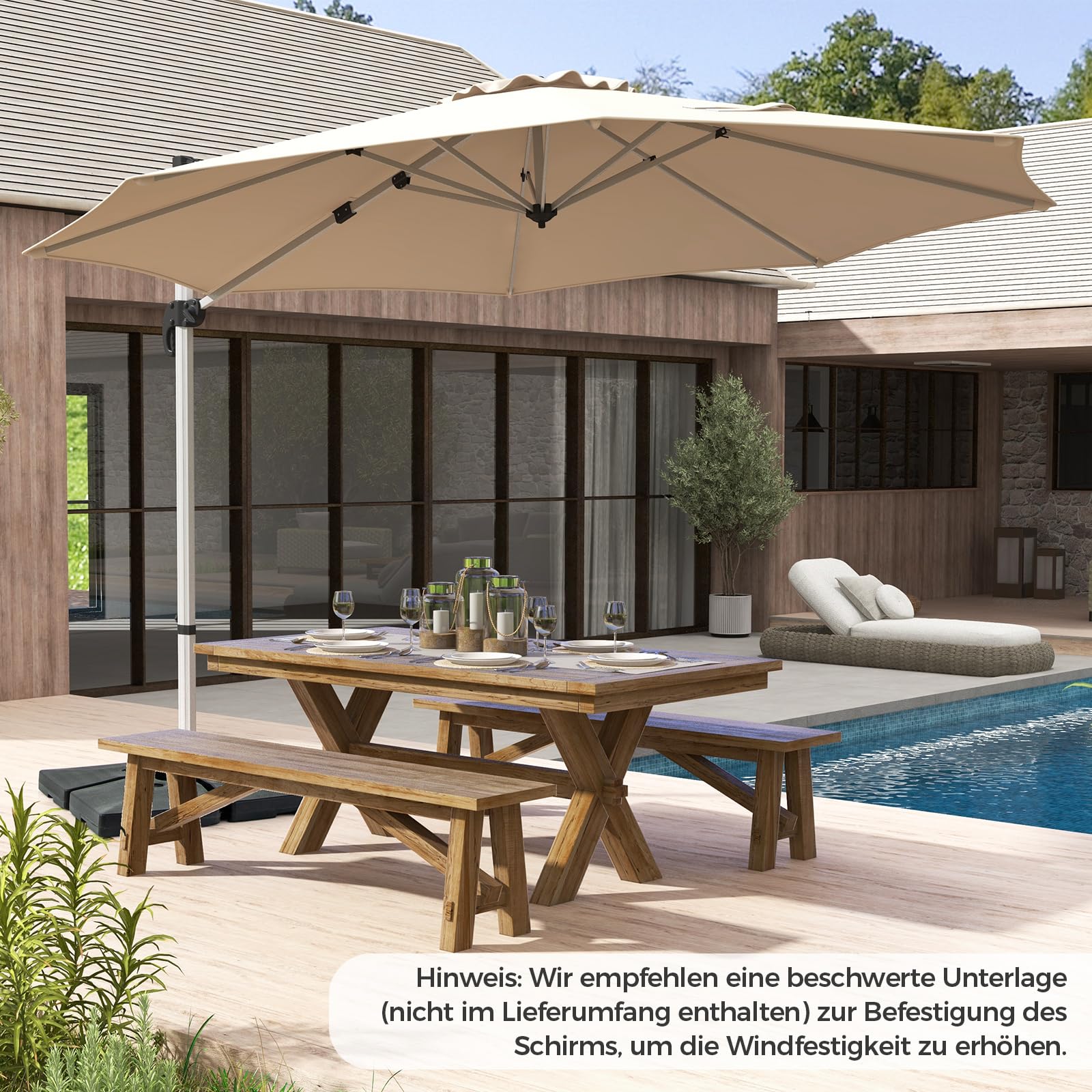COSTWAY Parasol przeciwsłoneczny Ø 330 cm, z korbą, obracany o 360°, regulowany kąt nachylenia, UPF 50+, parasol ogrodowy, parasol tarasowy, do ogrodu, na taras, balkon, beżowy, 330 cm