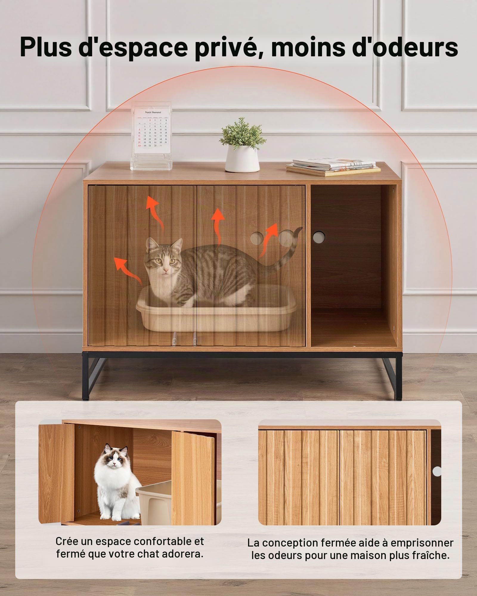 VEVOR Meuble de Rangement pour Bac à Litière Chat Armoire Cache Maison de Toilette de Chat, Niche Cache-litière avec Griffoir, pour la Plupart des Bacs à Litière Chats, pour Salon, 80 x 51 x 56,8 cm