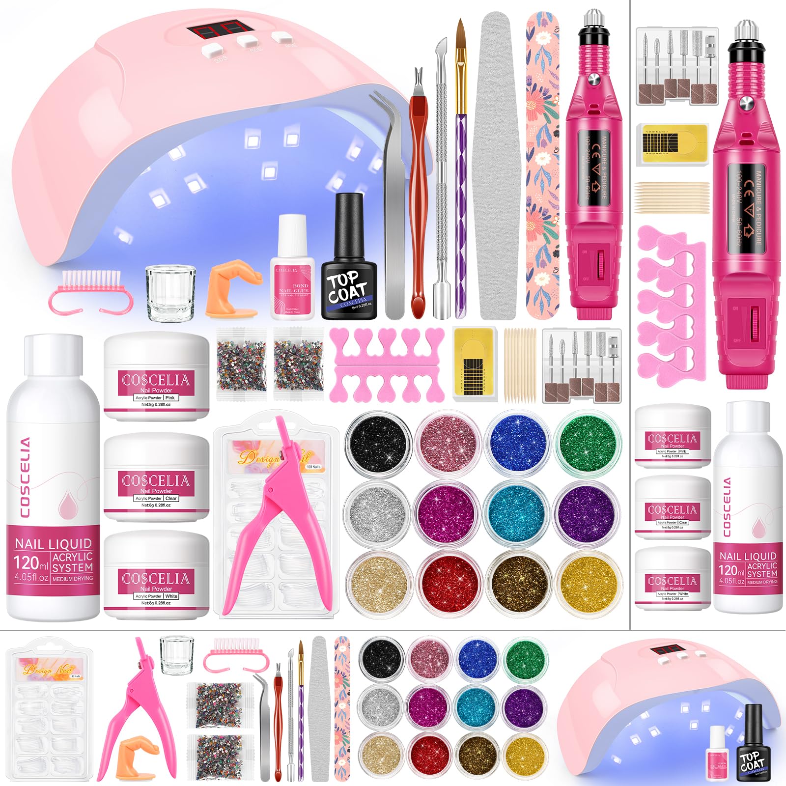 COSCELIA Kit Uñas Acrilicas,Acrilico Para Uñas Profesional Con 120ml Monómero y 3 Colores Acrilico Polvo,36W U-V/LED Lámpara,Adecuado para Principiantes Expertos,8ml Uñas de Gel Top Coat Manicure Set