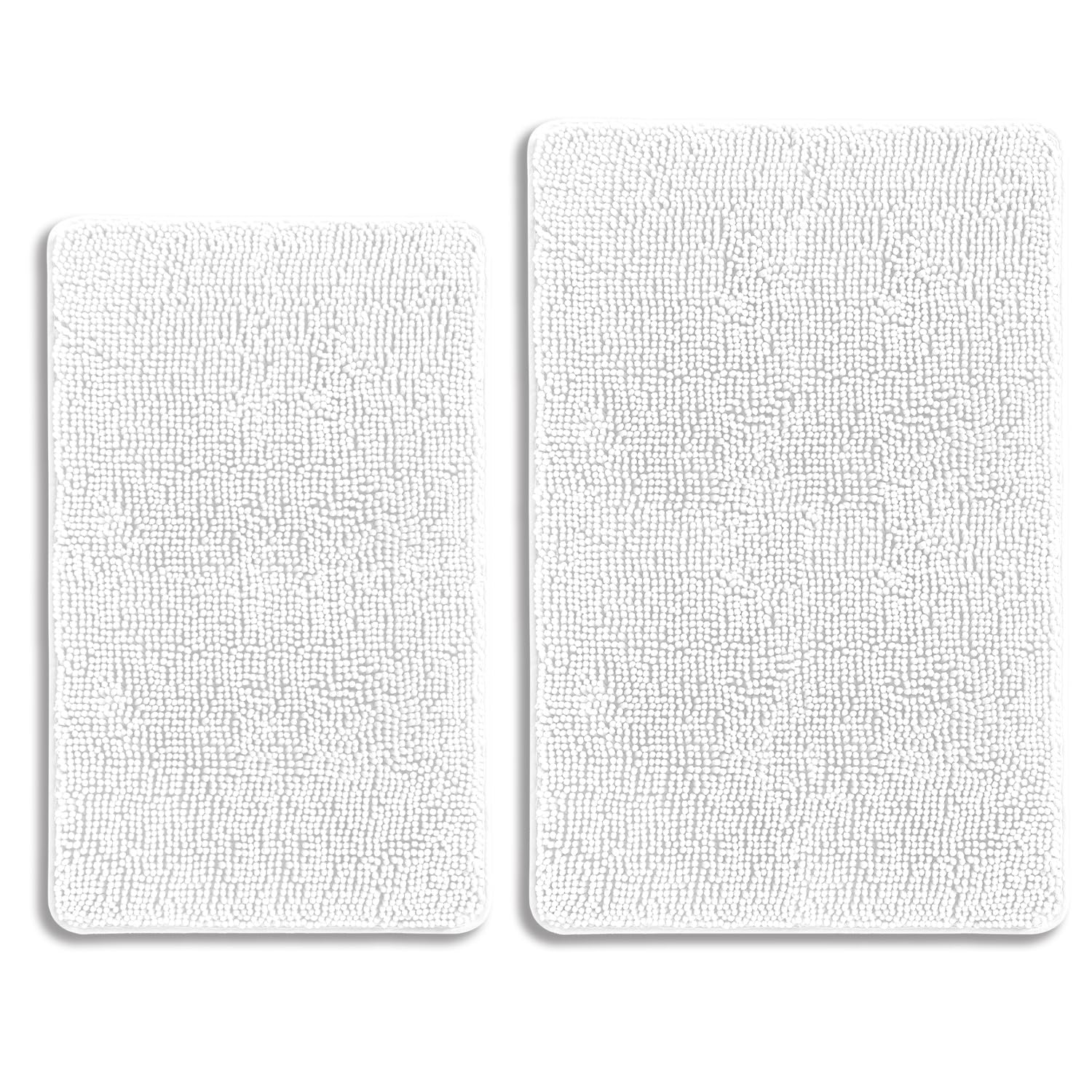 PureSwan White Bathroom Rugs Sets 2 Piece – Absorbent and Washable Bath Mat, Non-Slip, Thick Soft Chenille Bath Rugs for Bathroom Floor, Shower, Sink - 20" x 32"+24" x 36"