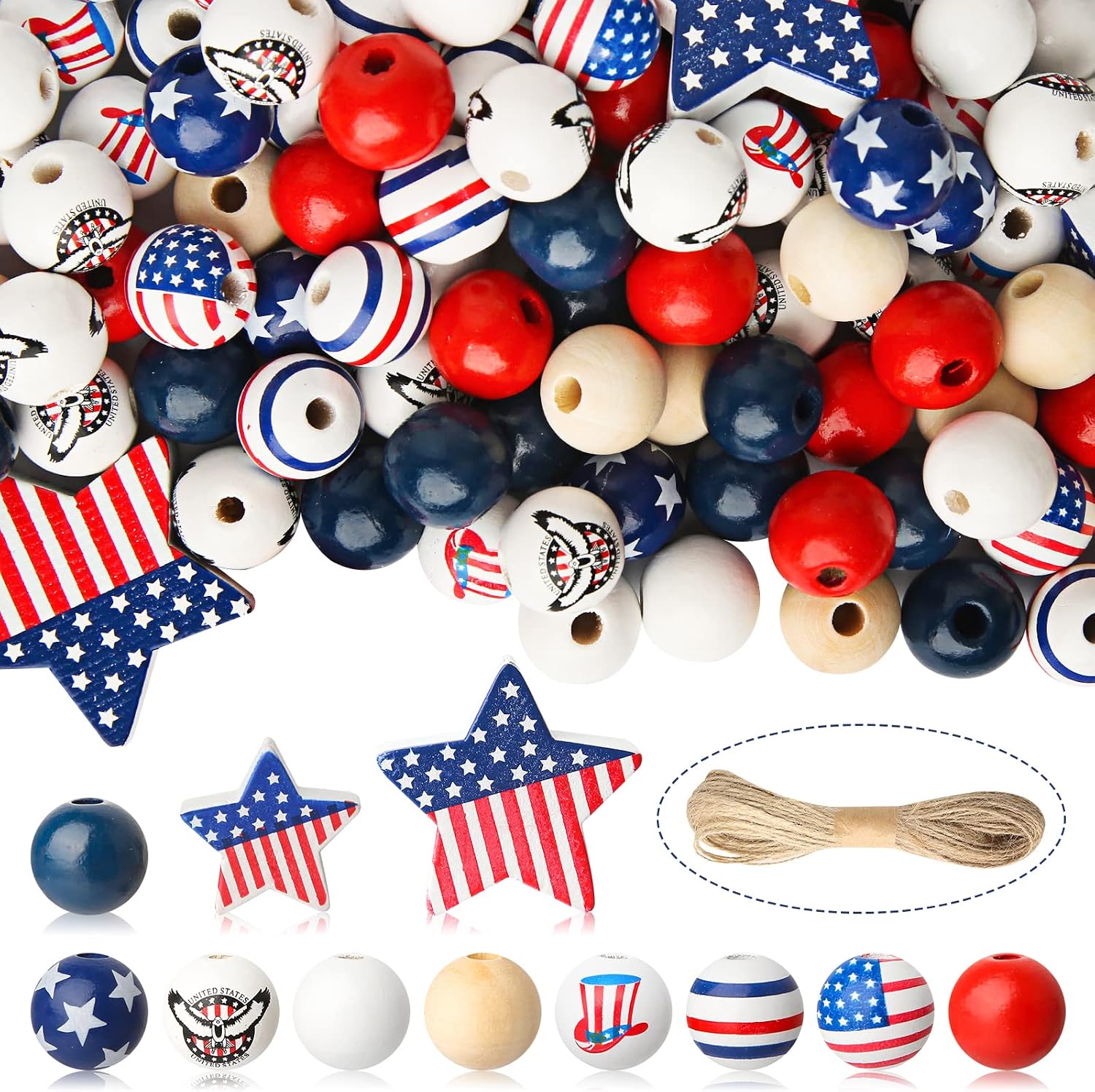 100Pcs Veterans Day Wood Beads Bulk White Blue Red Beads Independence Day American Flag Beads Large Patriotic Star Beads 38mm 28mm 16mm Colored Round Ball Beads Craft for Home Party Decor