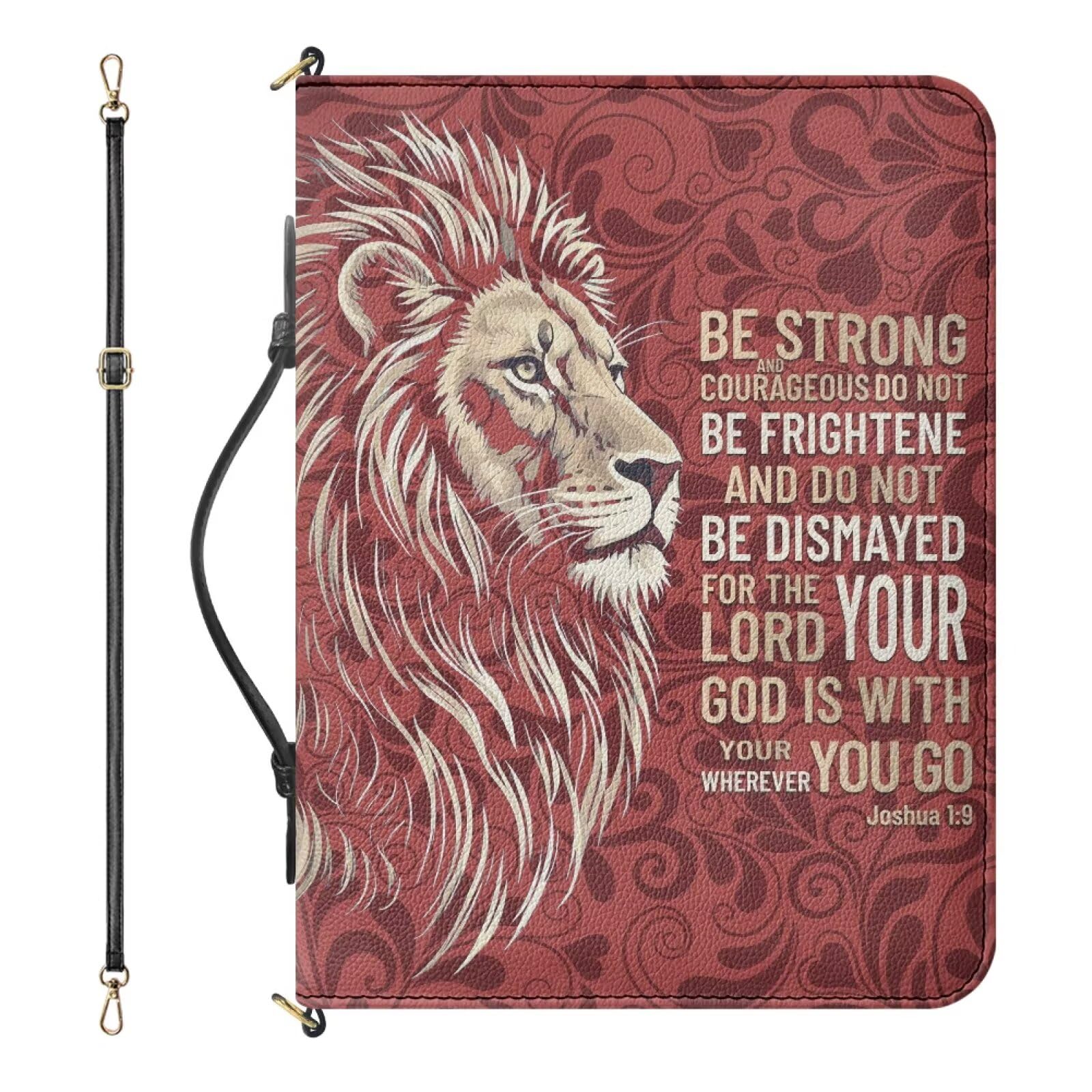Drnuikhe Small Bible Cover Case for Boys, Red Bible Tote with Strap and Handle, Lion Print Joshua 1:9 Faux Leather Bible Organizer with Inner Pockets and Pen Loop, Bible Study Supplies