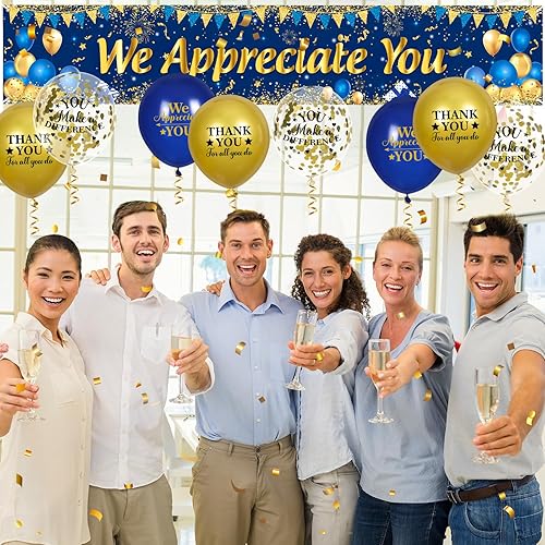 Miniatura 3 de We Appreciate You - Cartel de decoración de oro azul con 18 globos de agradecimiento por todo lo que haces, regalo de agradecimiento para empleados,