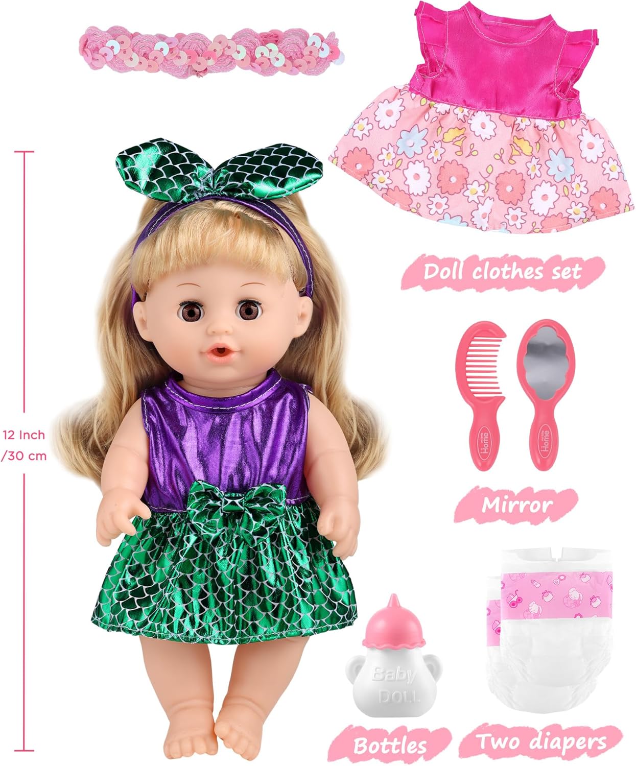 GAGAKU Baby Doll with Hair, 12" Baby Dolls for Girls 3 4 5 6 Years Old, Baby Doll for Toddlers Kids, 12 Inch Baby Dolls with Accessories