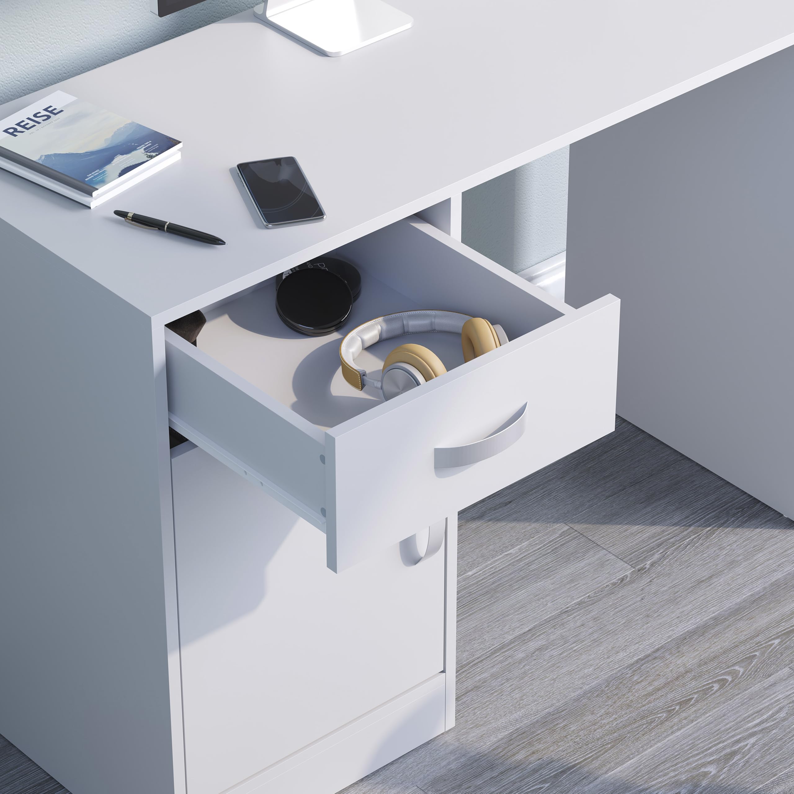 Vida Designs Hudson - Escritorio para computadora con cajón y Puerta, Mesa para PC o Laptop, Estudio de Juegos, estación de Trabajo de Almacenamiento, Muebles de Armario, Color Blanco