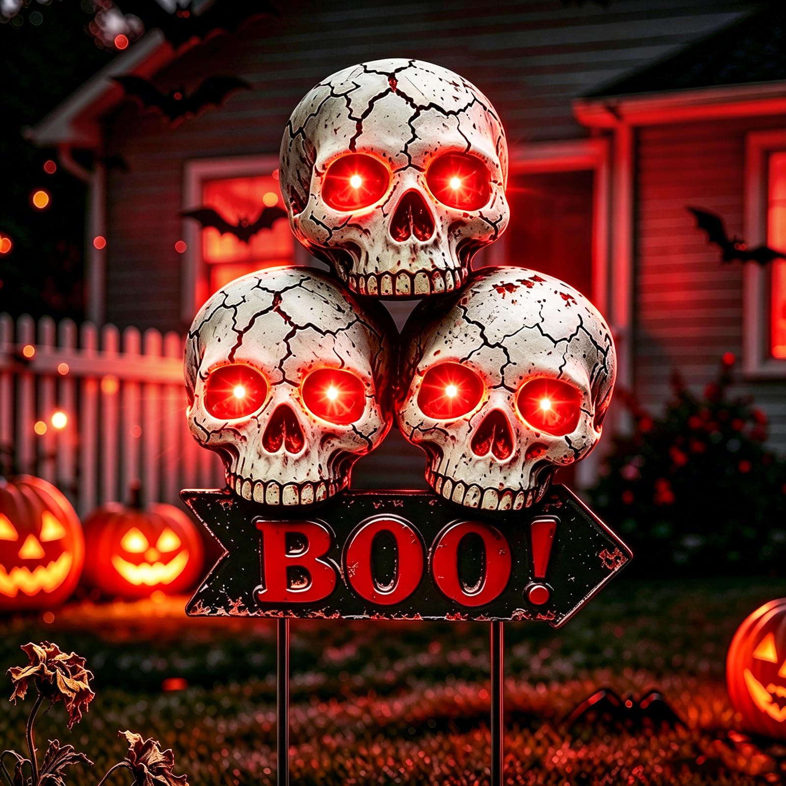 VOOKRY Solar Halloween Skull Lights Outdoor, 3 Skulls with Red Glowing Eyes