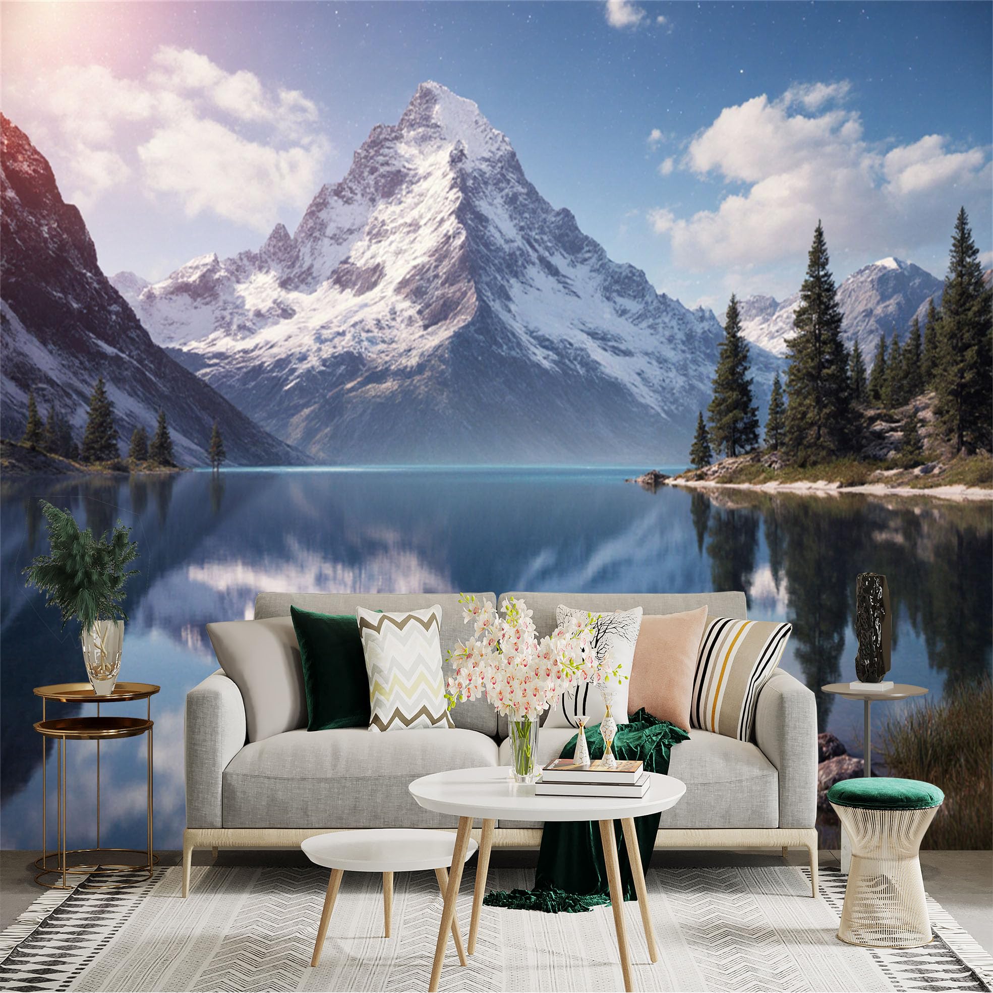 Custom Size Wall Sticker Mural， Snowy Mountain with Lake Reflection， Pine Forest and Clear Sky， for wall Decoration， peelandstick wall Decals.
