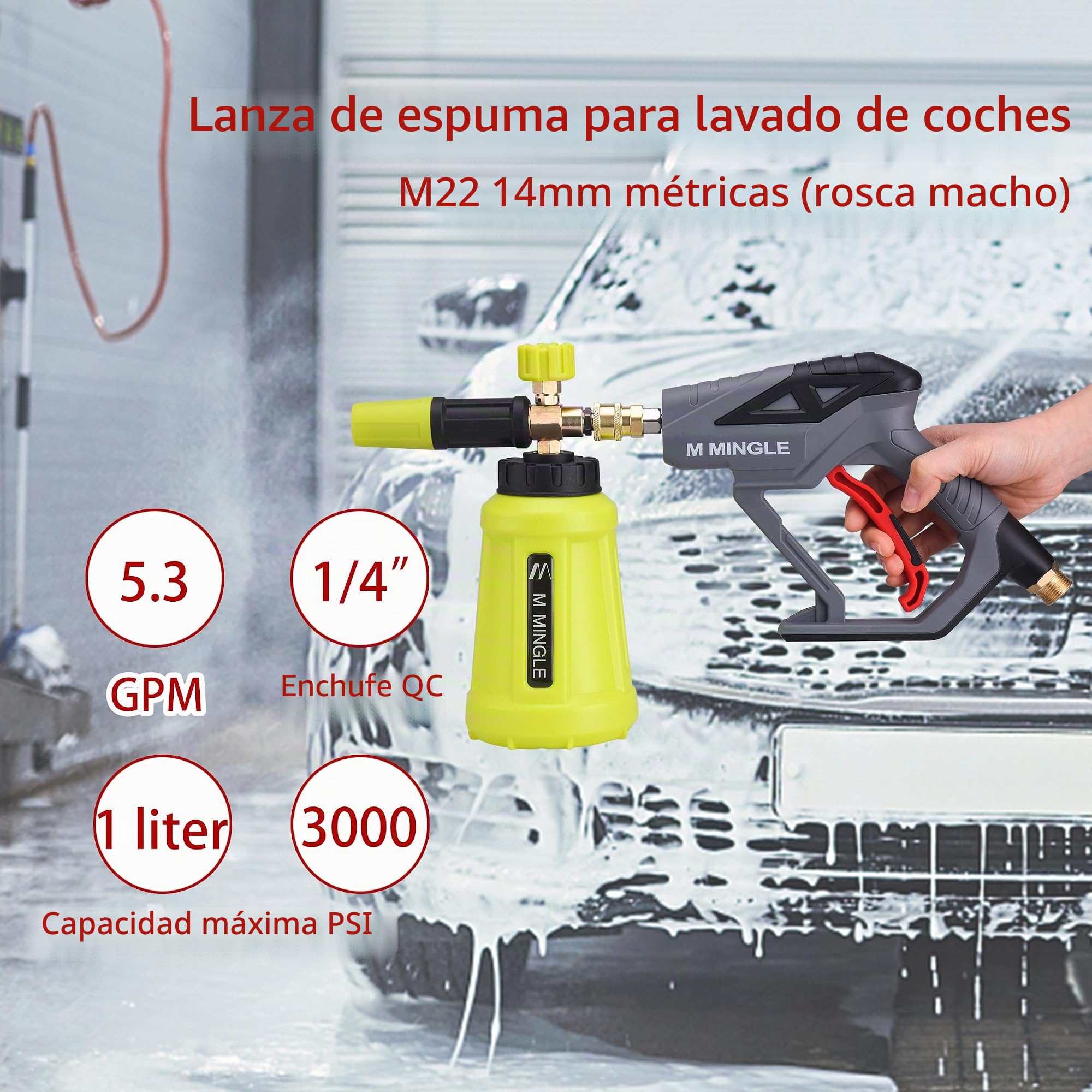 M MINGLE Pistola de lavado de espuma de nieve de alta presión, lavadora eléctrica de cañón de espuma de 4000 PSI con acoplamiento rápido de 1/4", con 5 puntas de boquilla de lavado a presión (1) litro