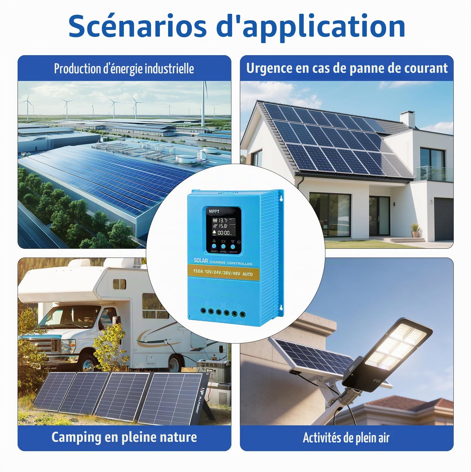 150A MPPT Régulateur de charge solaire, 12 V, 24 V, 36 V, 48 V | avec écran LCD et double USB, entrée PV max 100 V pour batterie plomb-acide/lithium