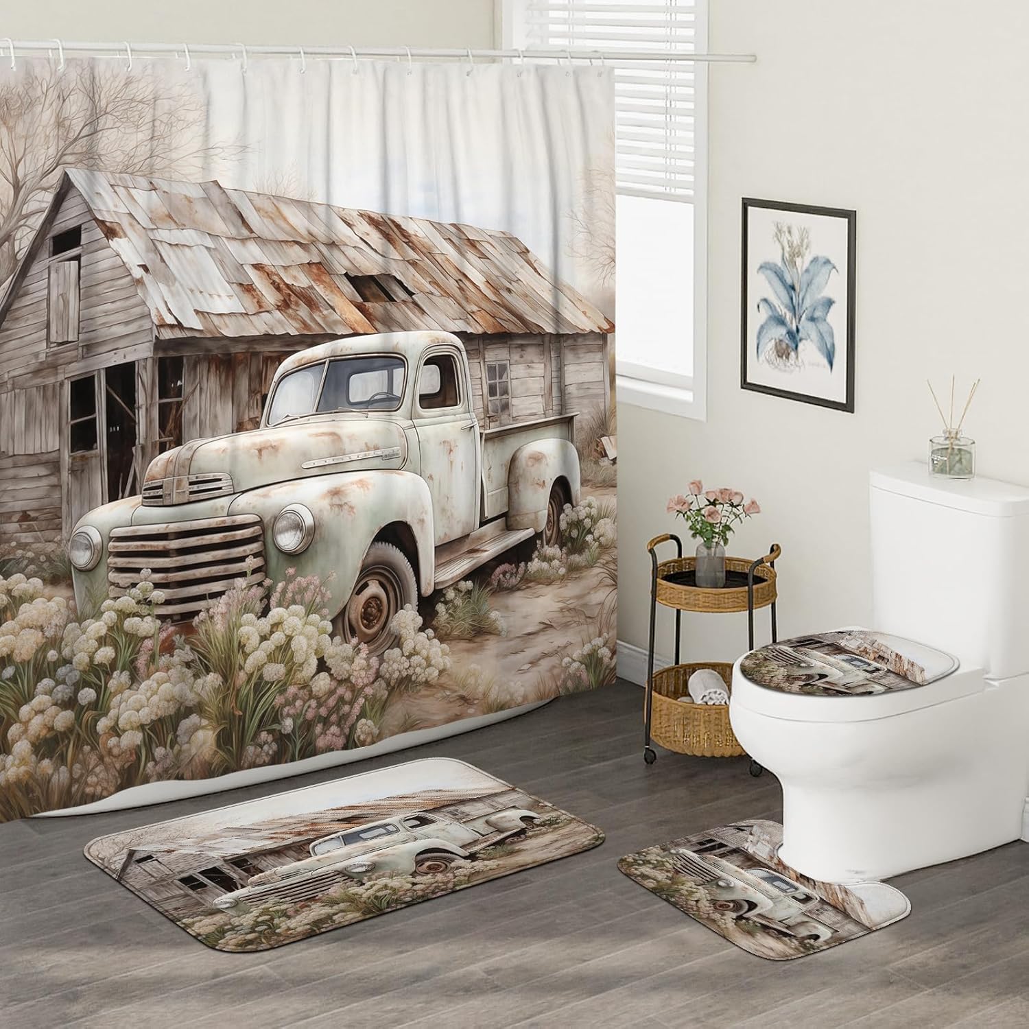 4Pcs Rustic Country Truck Shower Curtain Sets with Non-Slip Rug, U Shape and Toilet Lid Cover Mat, Farmhouse Home Bathroom Decor Set Accessories with 12 Hooks, 72 x 72 Inch