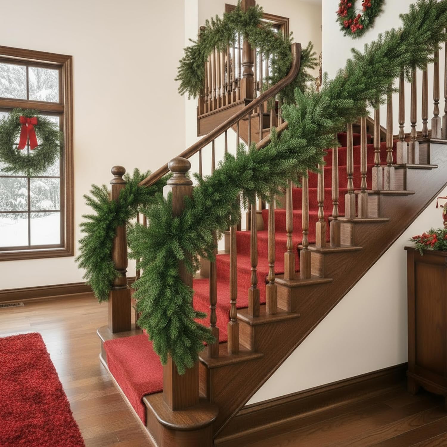 Lyrow Artificial Pine Greenery Garlands Deluxe Faux Thick Real to Touch Winter Pine Garland Artificial Greenery Wreath for Table Fireplace Mantle Indoor Outdoor Christmas Decorations(2 Pcs,12 ft)