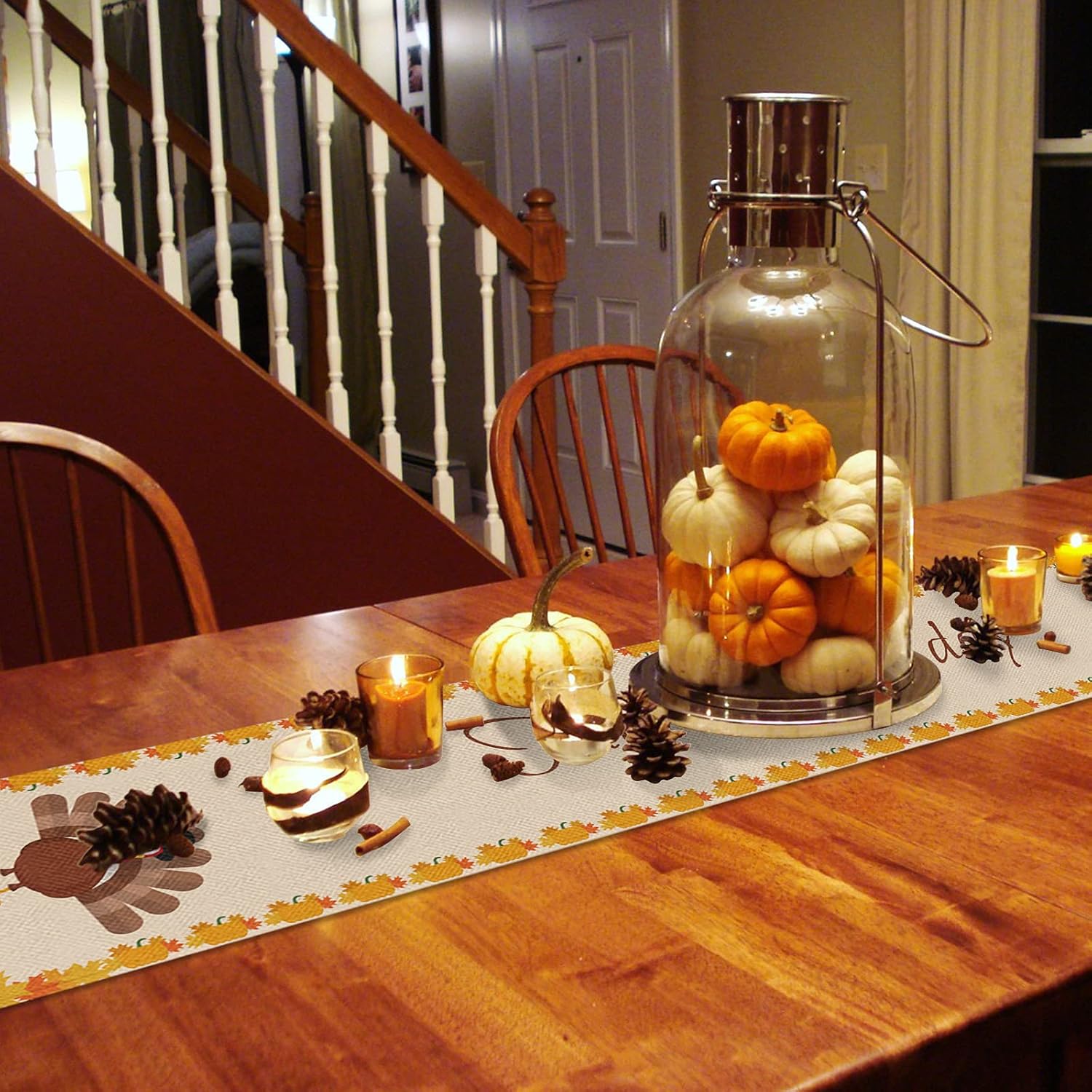 Thanksgiving Table Runner Burlap Table Runner, Fall Harvest Thanksgiving Day Turkey Pumpkins Autumn Maple Leaf Holiday Table Runners 72 inches for Home Kitchen Party Dining/Coffee Tables Decor