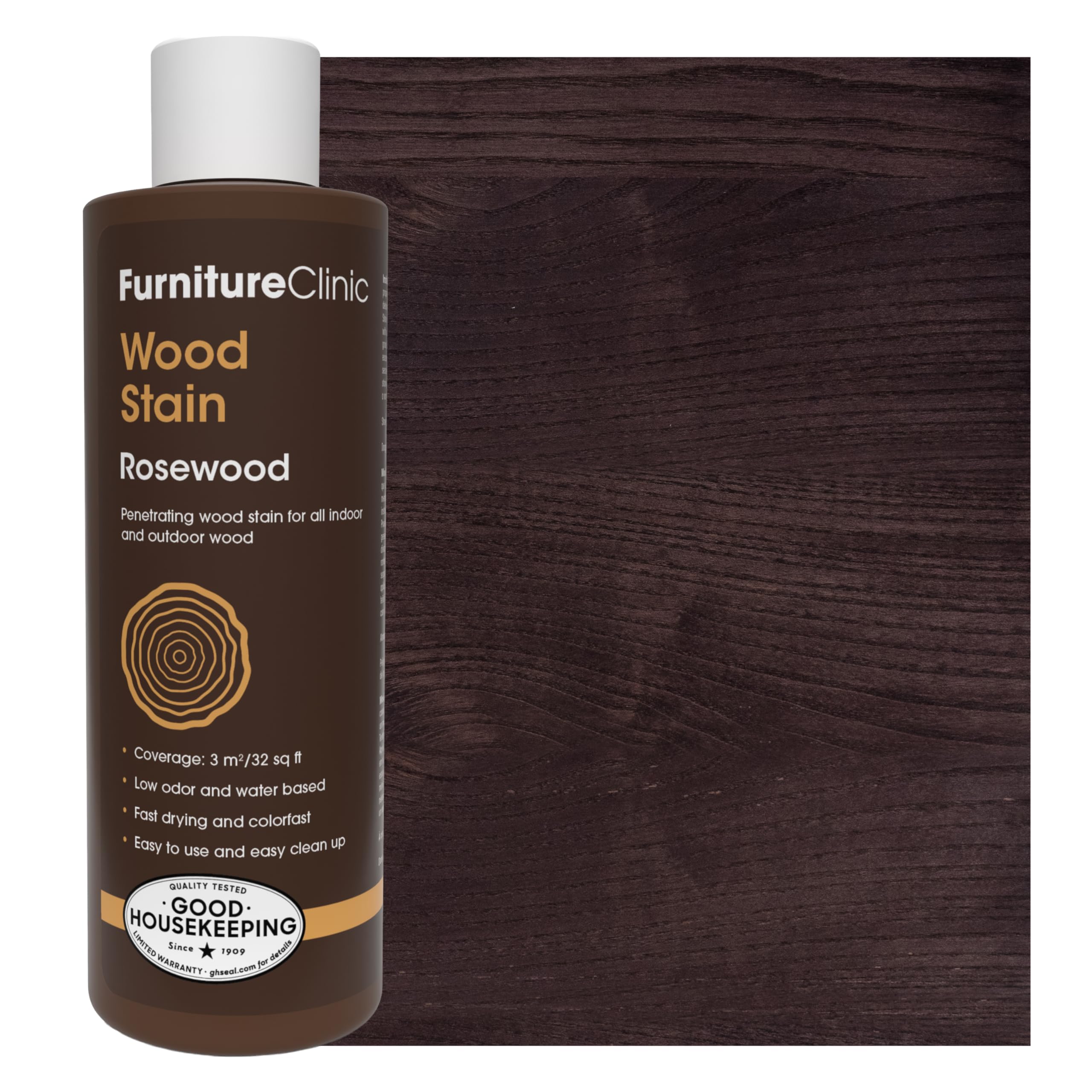 Furniture Clinic Wood Stain | Rosewood | Water Based | Fast Drying, Low Odor, & Non-Toxic | for Indoor & Outdoor Furniture and More | Multiple Finishes | (8.5oz / 250ml)