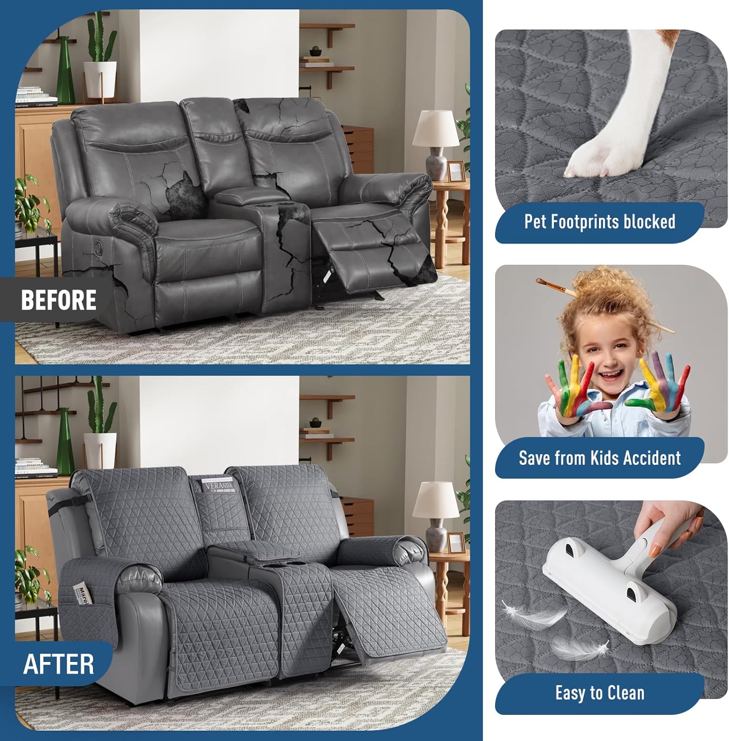 TAOCOCO 100% Waterproof Loveseat Recliner Cover with Center Console, 2-Seater Couch Slipcover with Elastic Straps, Non-Slip Furniture Protector for Dogs (Dark Gray, 2 Seater)