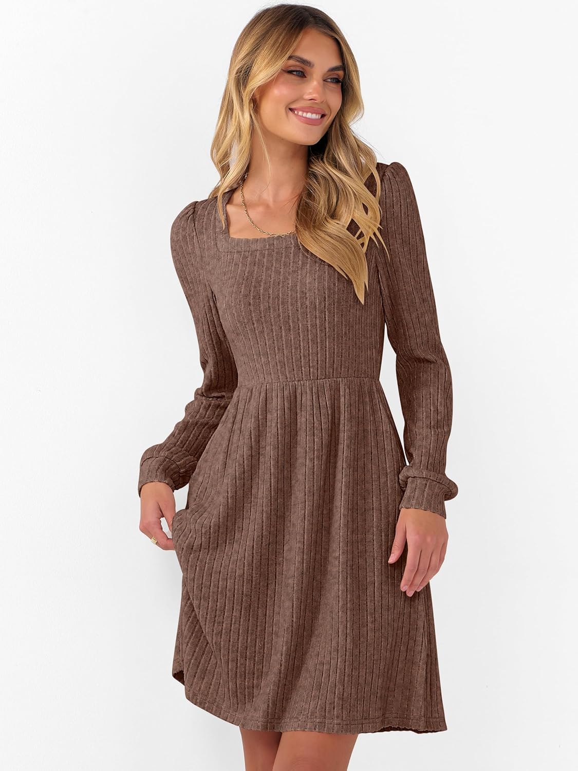 ANRABESS Women's Square Neck Long Sleeve Fall Dress Casual Ribbed Knit Soft 2026 Trendy Short Sweater Dresses with Pockets - Image 3