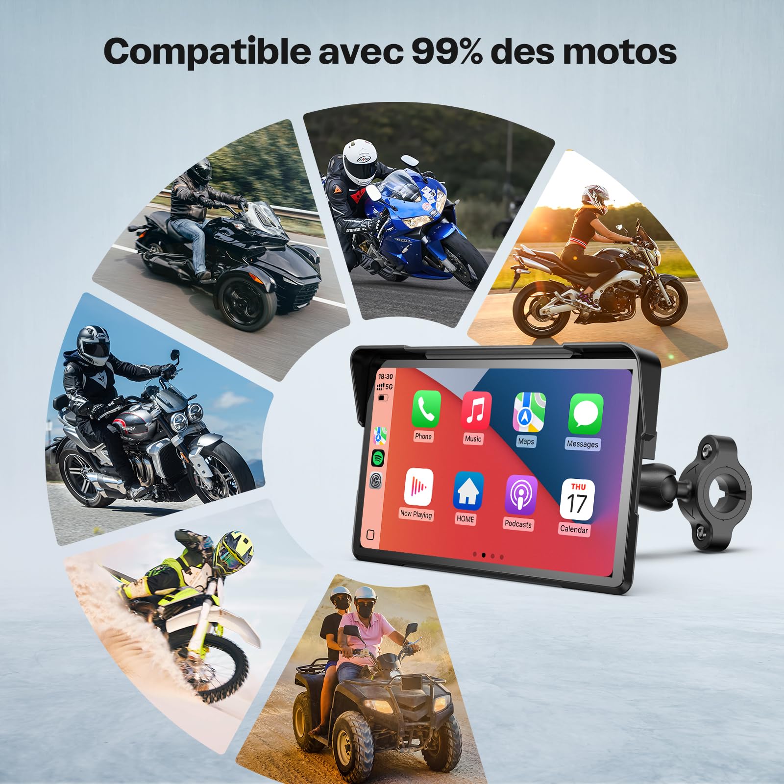 WonVon CarPlay 7 Pouces Système de Navigation GPS pour Moto avec Apple CarPlay et Android Auto écran Portable avec Double Bluetooth, Navigation, Siri, Google Assistant Support magnétique