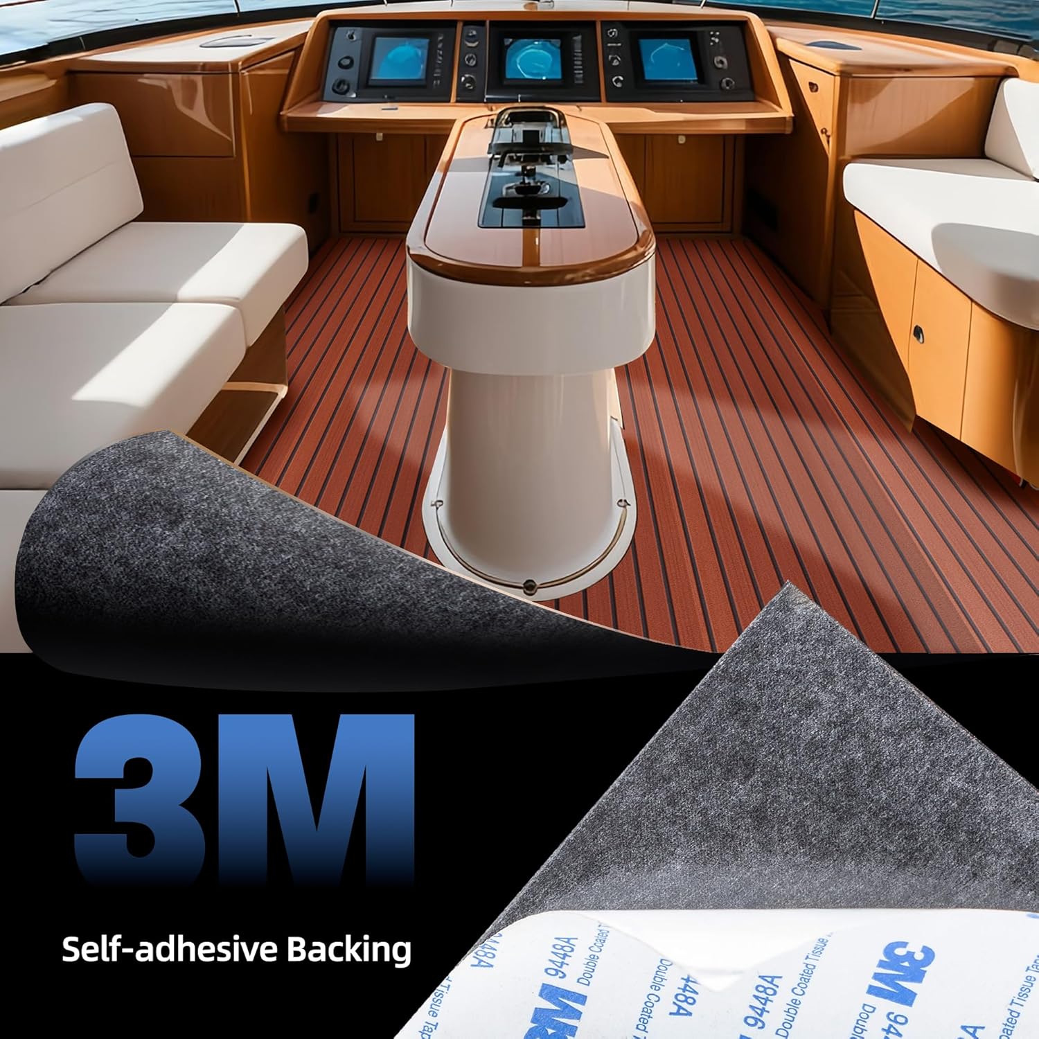 fullfire eva foam boat flooring with 3m self-adhesive backing, marine decking faux teak deck sheet for jon boats pontoon boat yacht rv jet ski kayak floor dark brown with black lines 94" x 23.5"