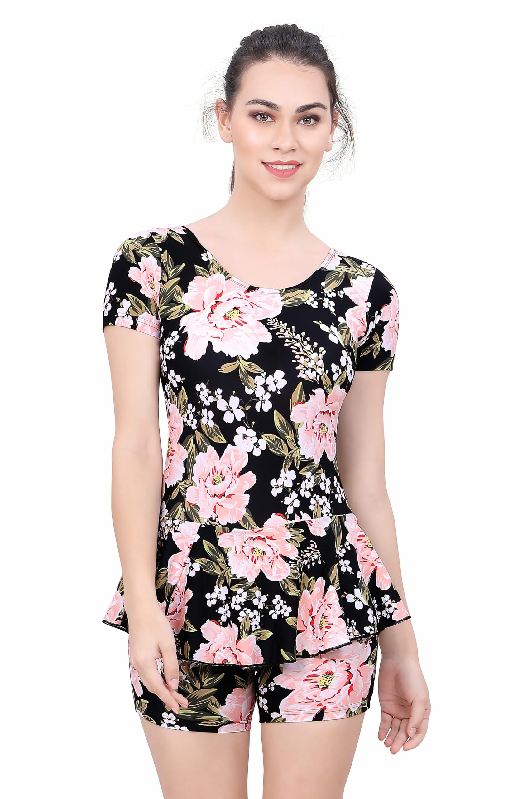 Women's Nylon U-Back Padded Half Sleeves All Over Printed One-Piece Swimdress with Boy Leg (LA_LS_001_Multi)-image-42