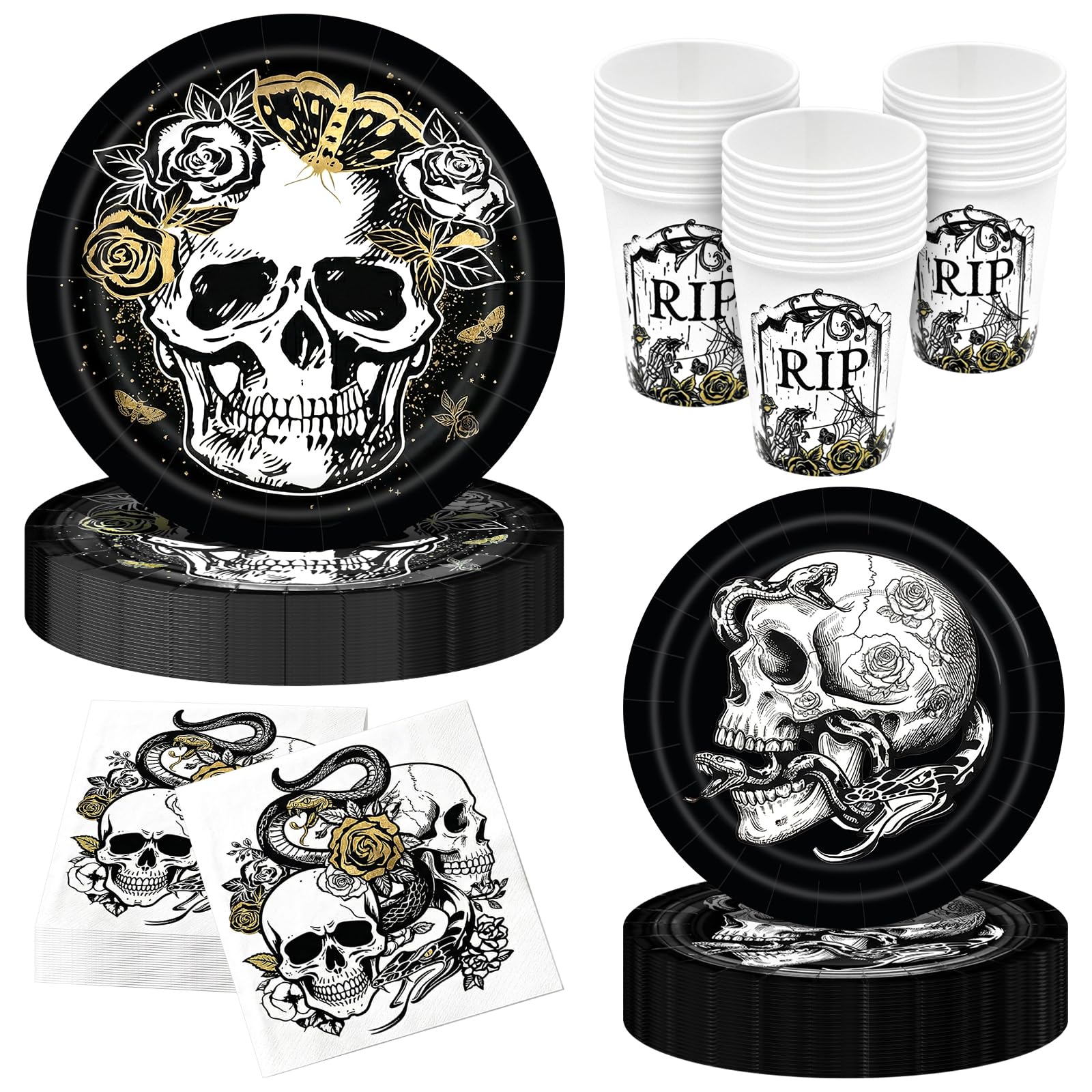 96 Pieces Gothic Halloween Tableware Set – Black Skull Disposable Plates, Cups and Napkins for Spooky Gothic Halloween Party Decorations, Horror Birthday and Haunted House Celebrations – Serves 24 Gue