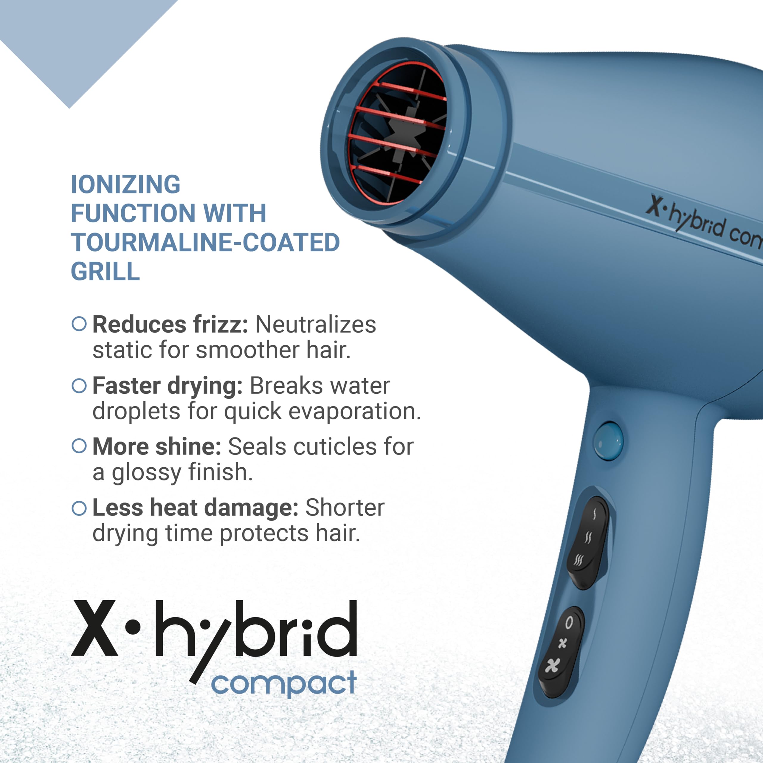 GAMMA+ Sèche-cheveux Professionnel X-Hybrid Compact, Léger et Compact, Technologie Ionique, Grille Revêtue de Tourmaline, 2 Vitesses 3 Températures, 1800-2100W (Bleu Avio)