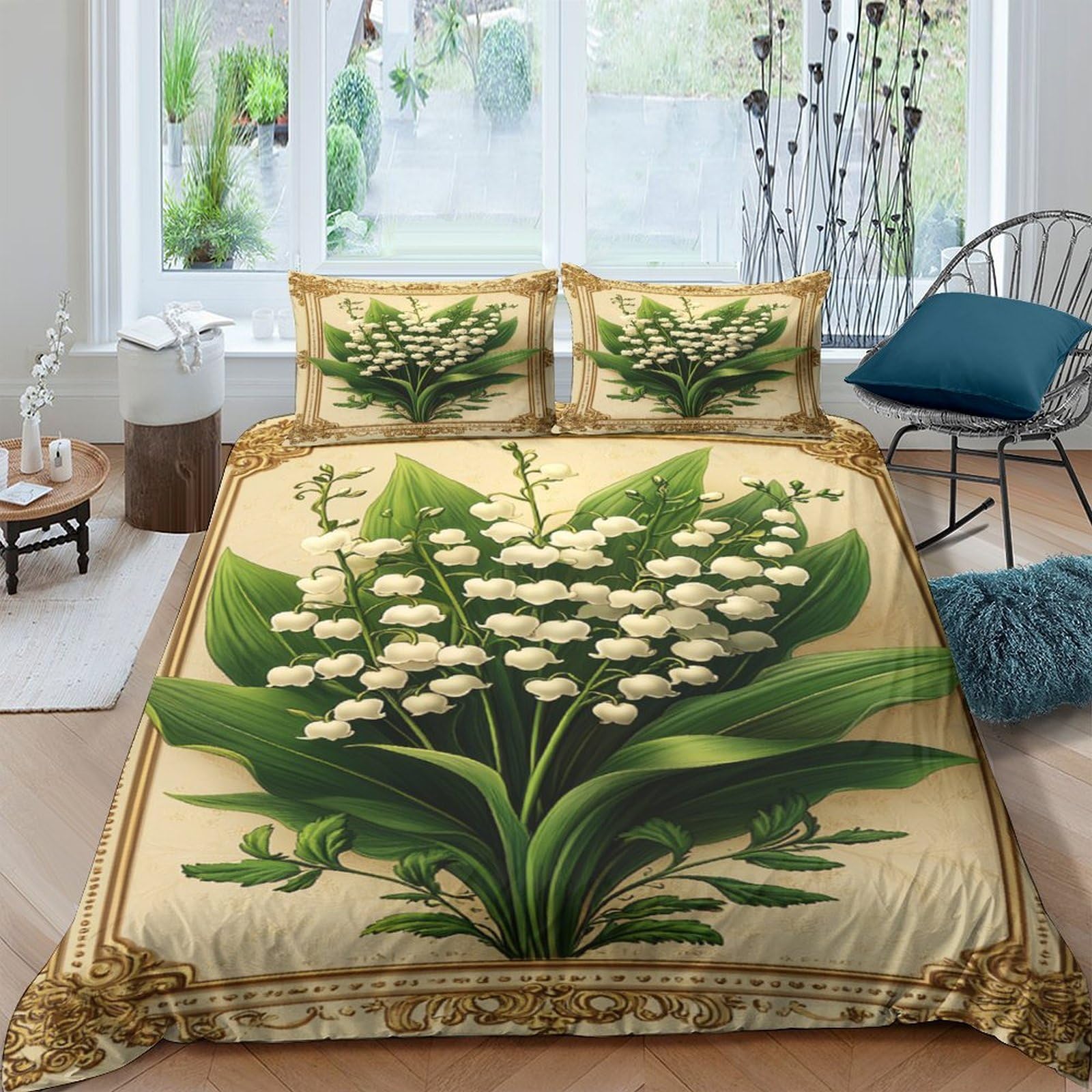 Ctjqhvkz Style-6 3D Printed Lily Of The Valley Fitted Sheet Microfiber Soft Botanical Green Beige Floral Mattress Cover Bedroom Decor Single（135X200cm）