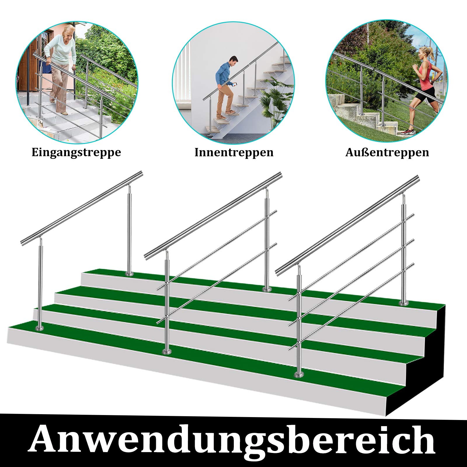 Aufun Poręcz ze stali nierdzewnej, 160 cm, poręcz schodowa do wewnątrz i na zewnątrz, z 2 słupkami, do schodów, balustrady, na balkon (160 cm, 2 poprzeczki)