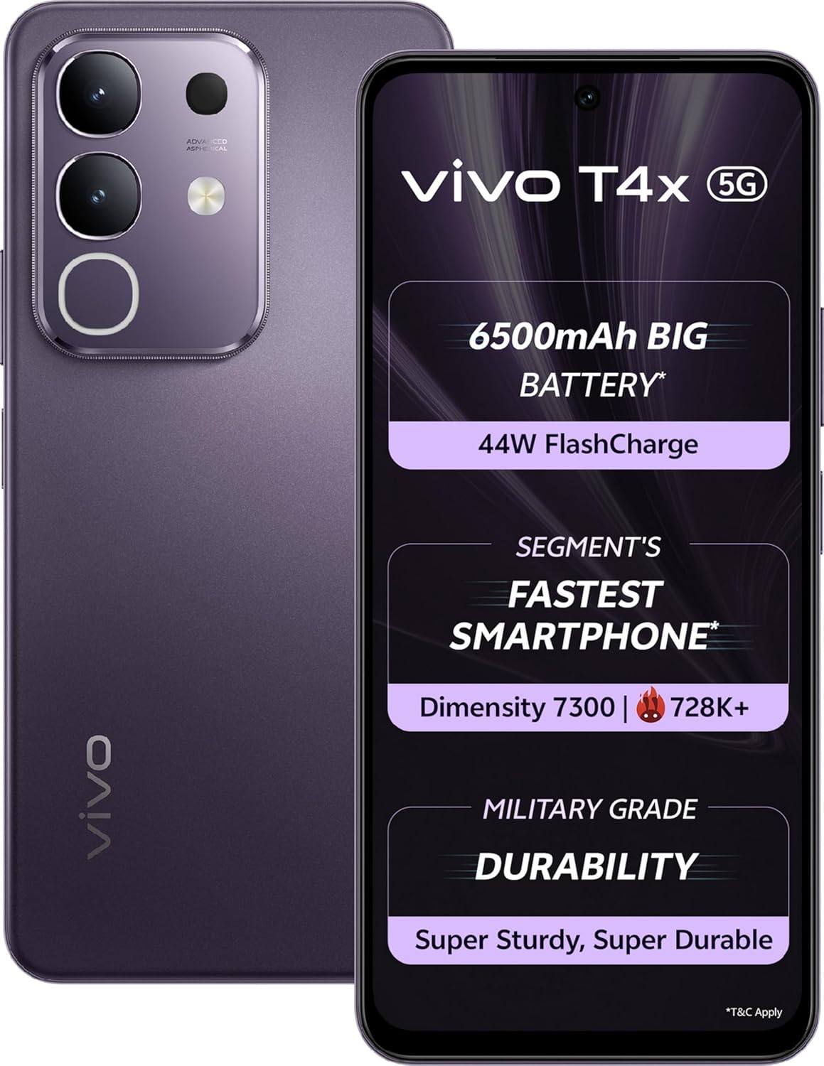 vivo T4x 5G (Pronto Purple, 6GB RAM, 128GB Storage) | 6.72" FHD+ 120Hz Display | MediaTek Dimensity 7300 | 6500mAh Battery | 50MP AI Dual Camera | 44W FlashCharge | Android 15