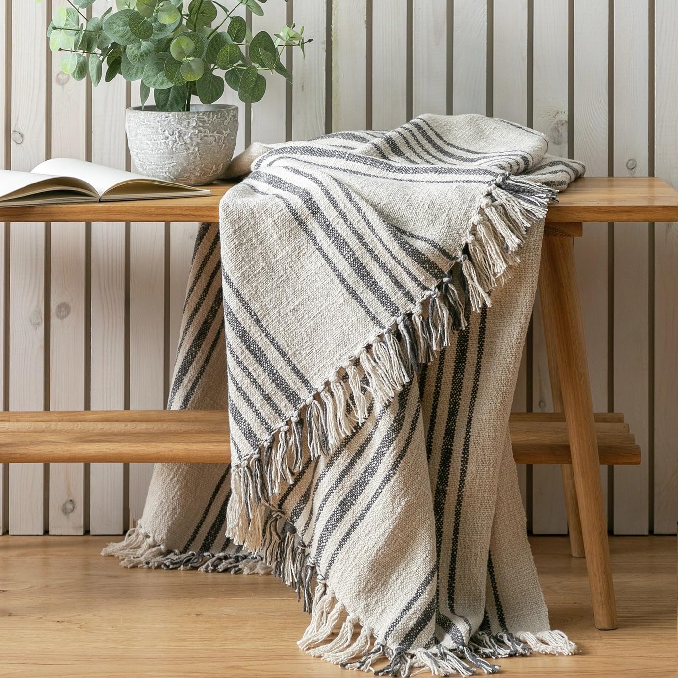 Jayogla Pink & Green Striped Cotton Throw Blanket, Natural And Grey, 125X150 Cm, Decorative Fringe Tassels