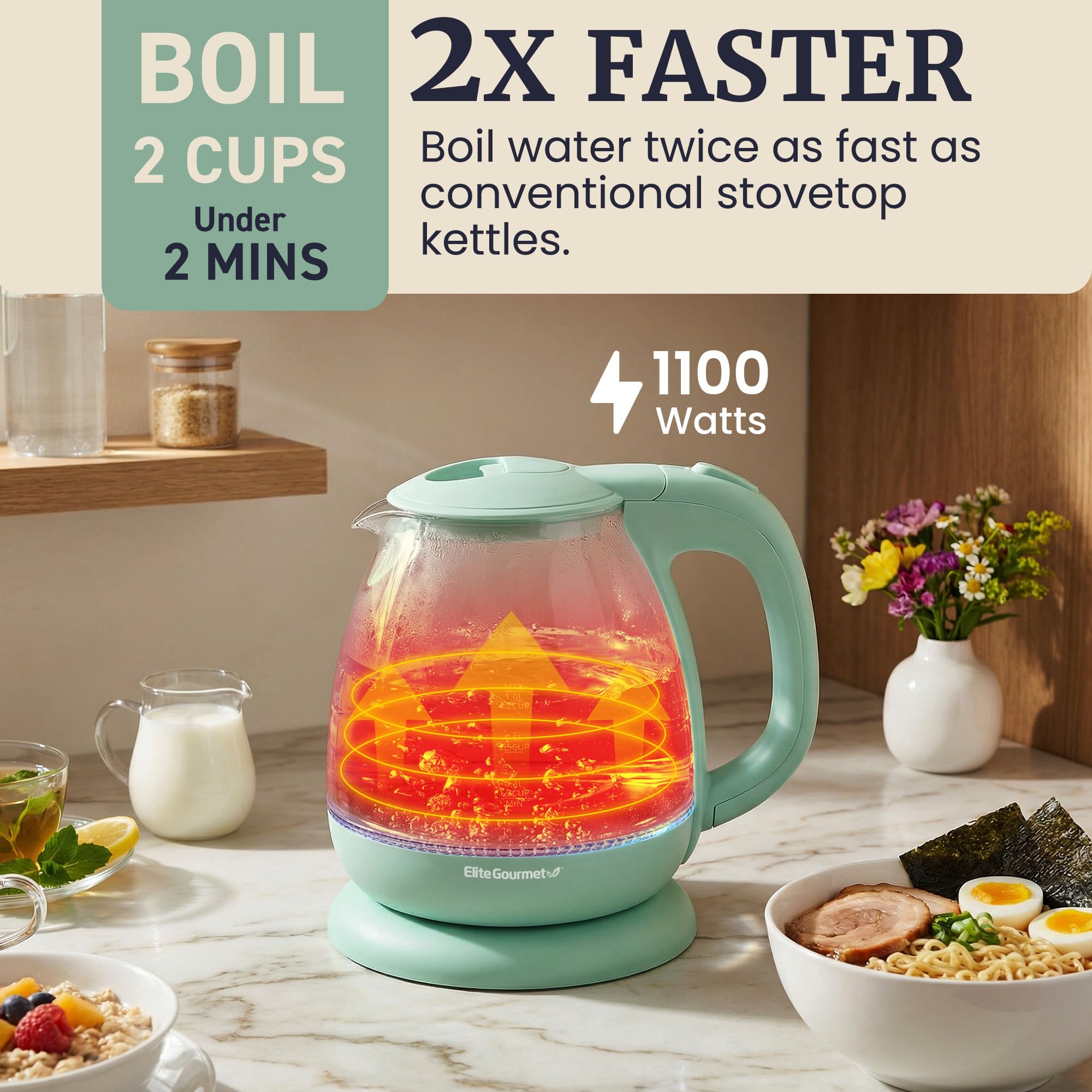 Elite Gourmet - Hervidor de agua eléctrico de vidrio de 1 litro, sin BPA, ebullición rápida, apagado automático, protección contra ebullición, base giratoria de 360° con servicio inalámbrico, marcas