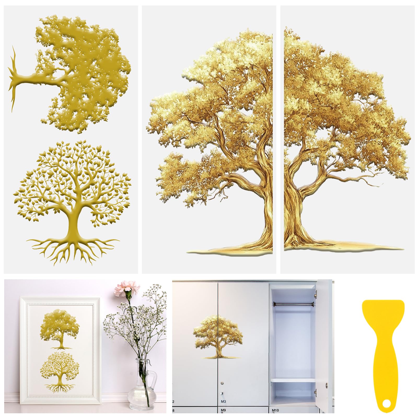 HICOHAND Rub on Transfers for Crafts, 3 Sheets Gold Tree Rub on Transfers Stickers 5.91 * 11.81in/15 * 30cm Furniture Transfers Art Decals for Bedroom Living Room Bookcase Wardrobe Table Desk — image 1