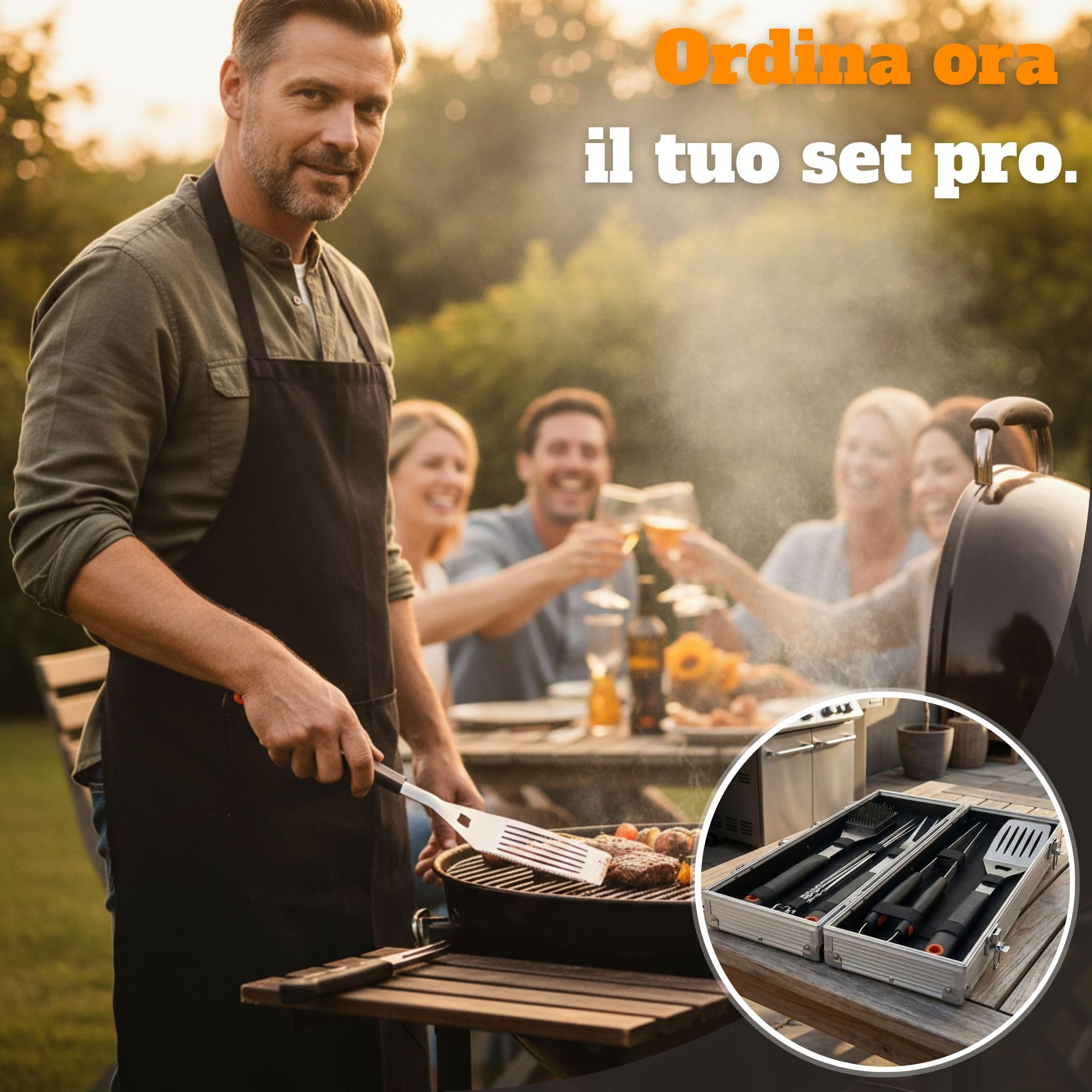 Set attrezzi barbecue per uomo in acciaio inox nella valigetta in metallo