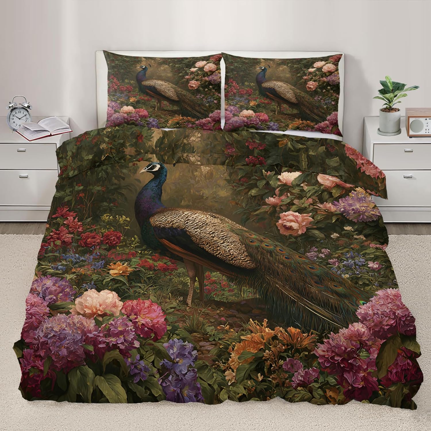 Peacock Comforter Cover 104" x 98", Vintage Peacock Floral Bedding California King Size, Chinoiserie Duvet Cover with 2 Pillowcases