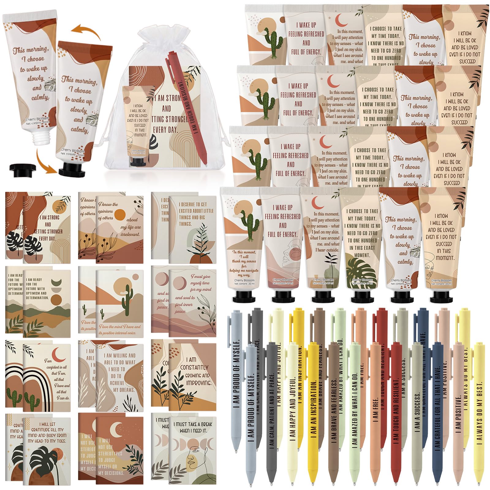 Mooliwe Set regalo Boho Affirmation da 96 pezzi - 24 mini taccuini ispiratori, 24 penne a sfera motivazionali, 24 tubi per crema per le mani con 24 sacchetti di organza per donne regali per la cura di