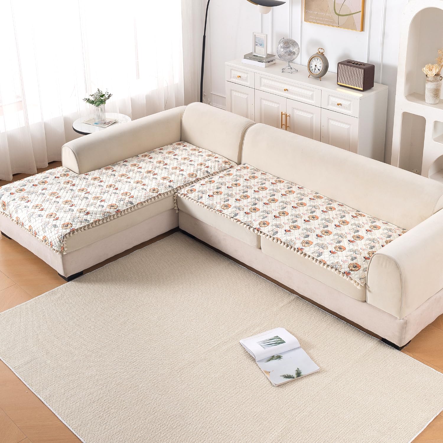 HOKIPO Wildflower Breeze L Shape (3+2 Seater) Sofa Seat Mat with Tassel| Quilted Sofa Cover Mat, 'Tassel Twigs' Series (IN-984-T7 + IN-986-T7)-image-20