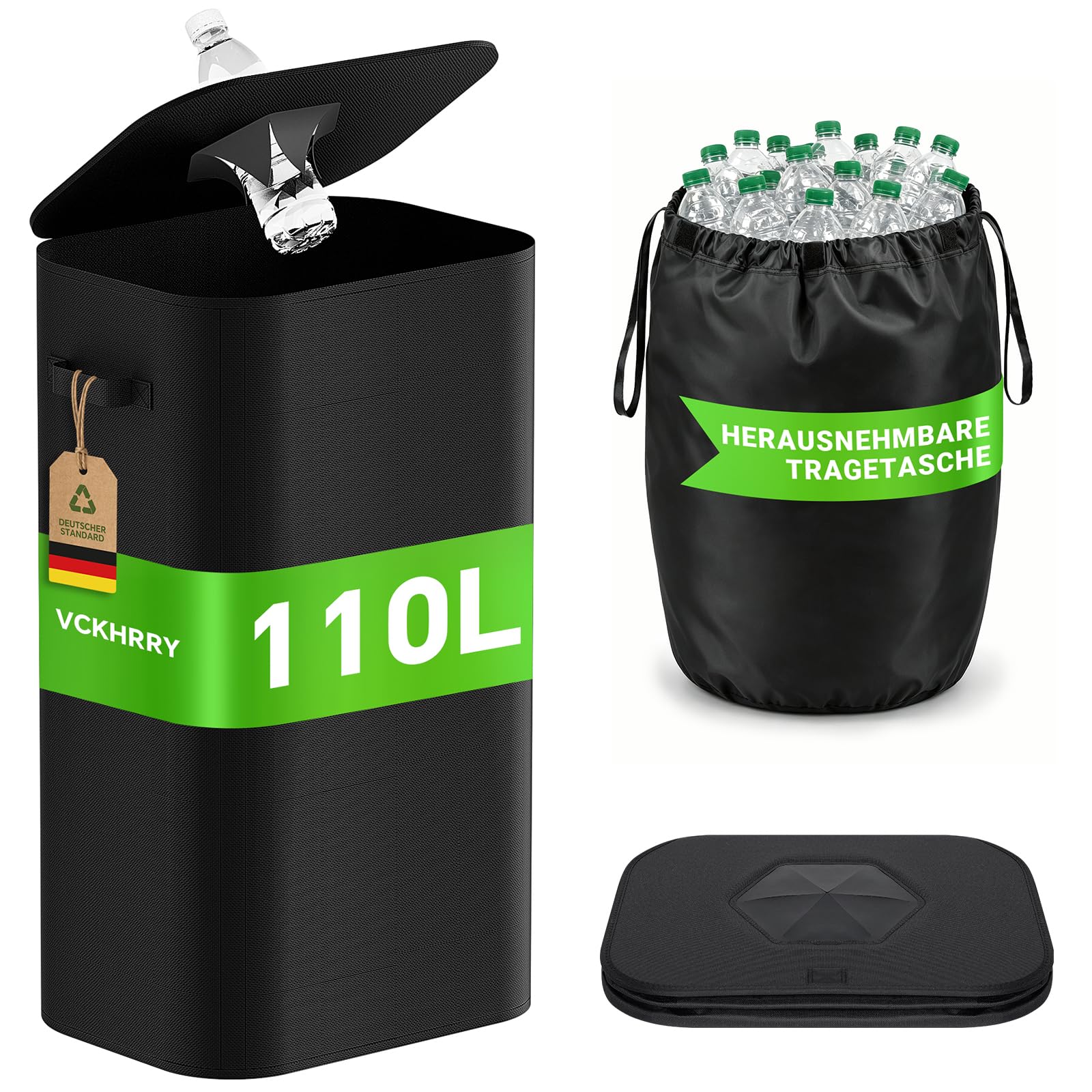 VCKHRRY 110L Pfandflaschen Sammelbehälter mit Deckel, Groß Pfandflaschen Aufbewahrung Organizer mit Tragetasche Flaschensammler Leergut mit Loch Flaschentasche Behälter für Küche & Haushalt